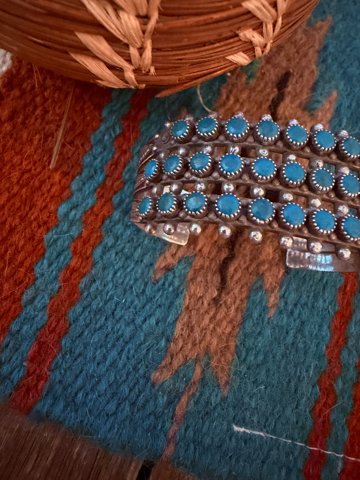 Handcrafted Old Pawn Sterling Silver & Turquoise Petit Point Cuff Bracelet