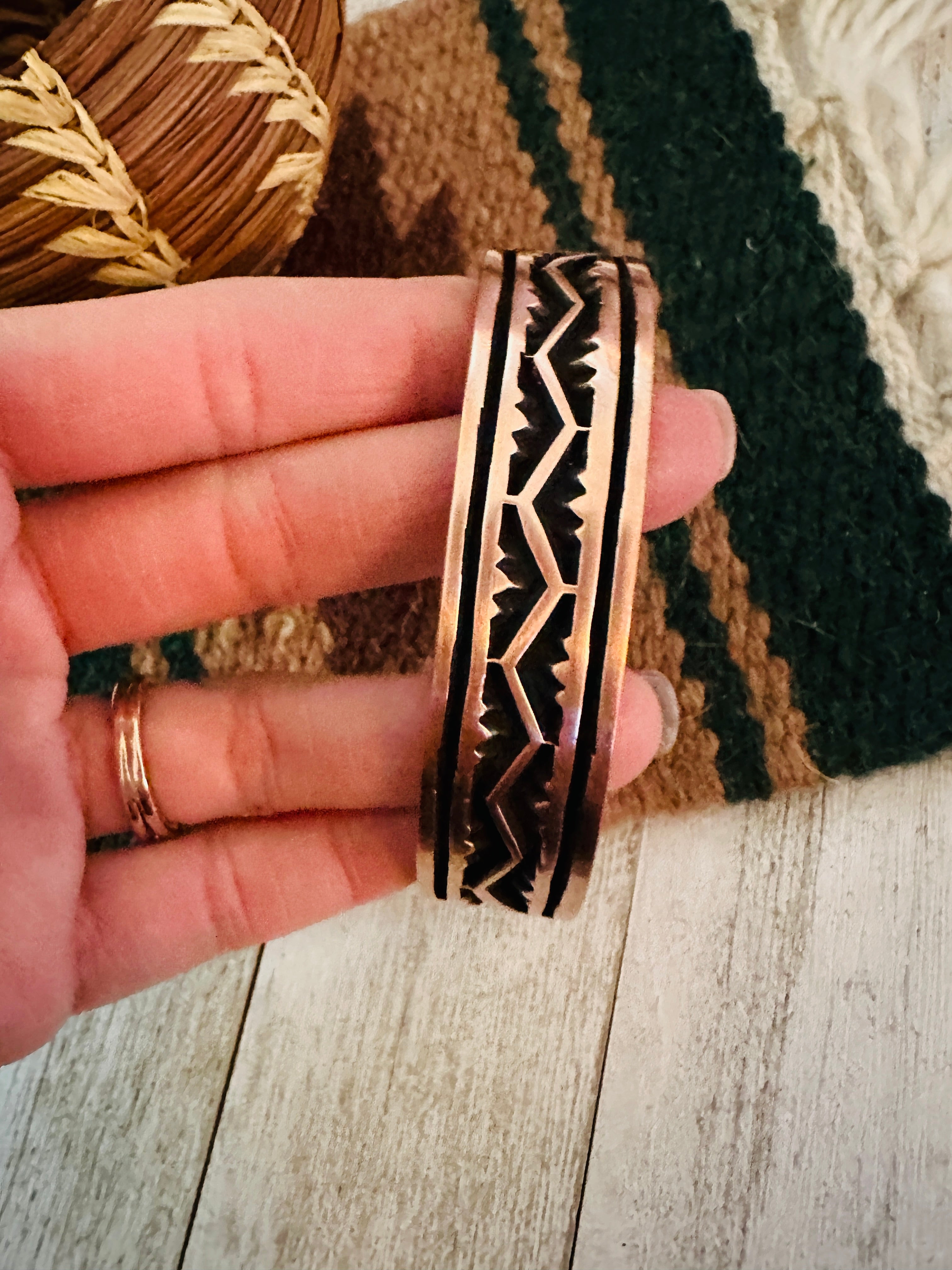 Navajo Hand Stamped Copper Cuff Bracelet Signed