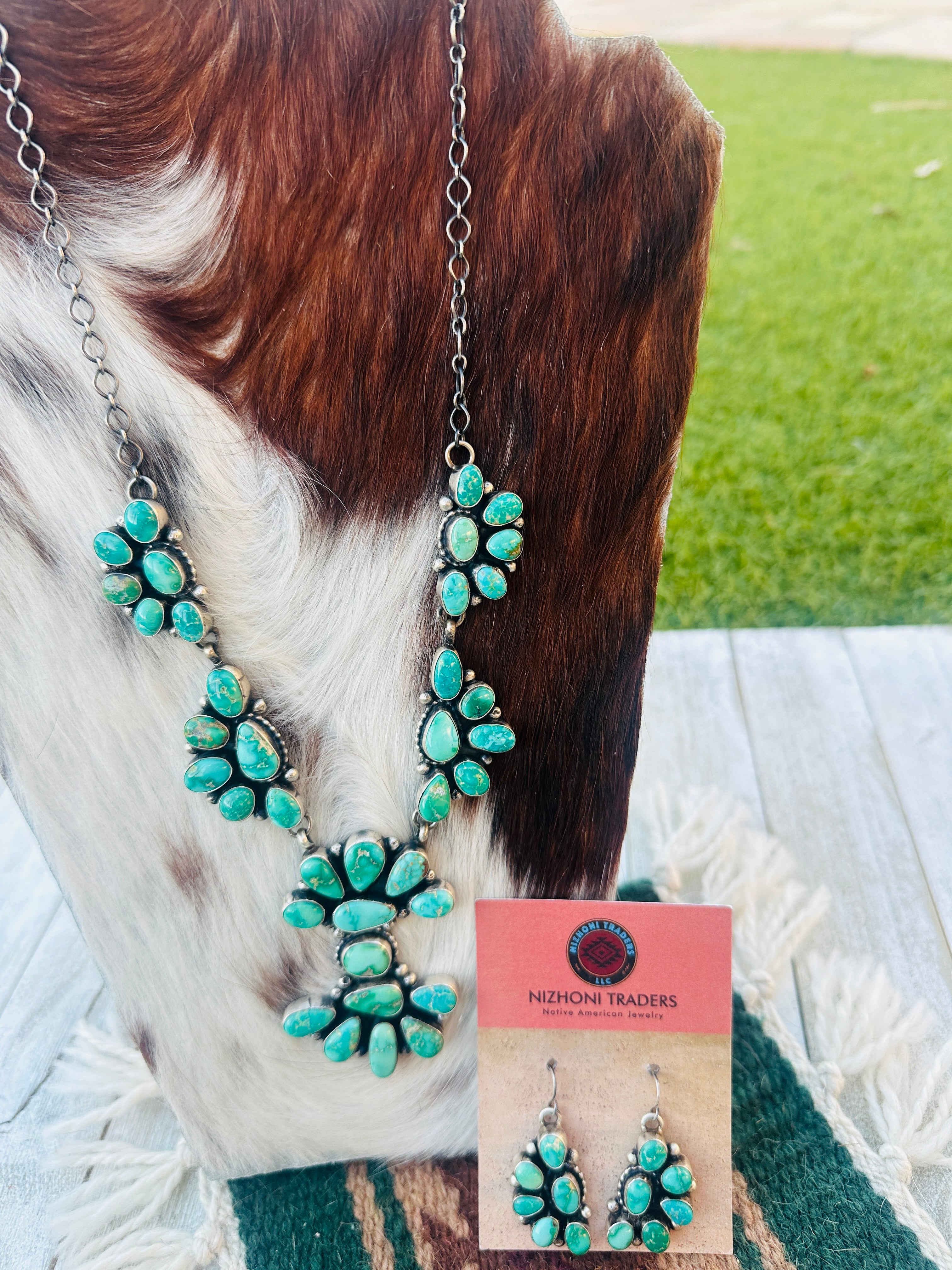 Handcrafted Emerald Valley Turquoise & Sterling Silver Necklace and Earring Set by Sheila Becenti