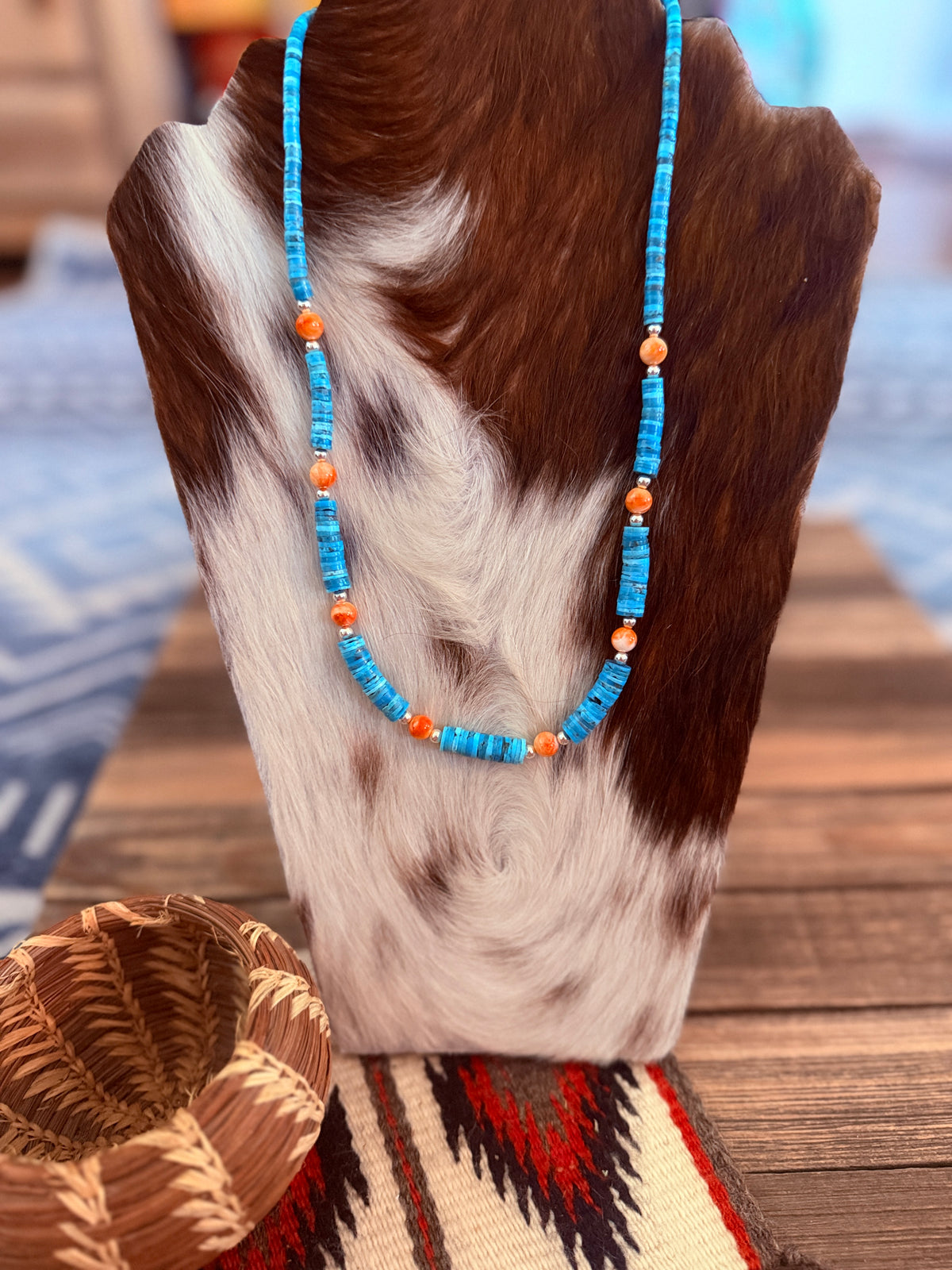 Handcrafted Turquoise, Spiny & Sterling Silver Pearl 22” Beaded Necklace