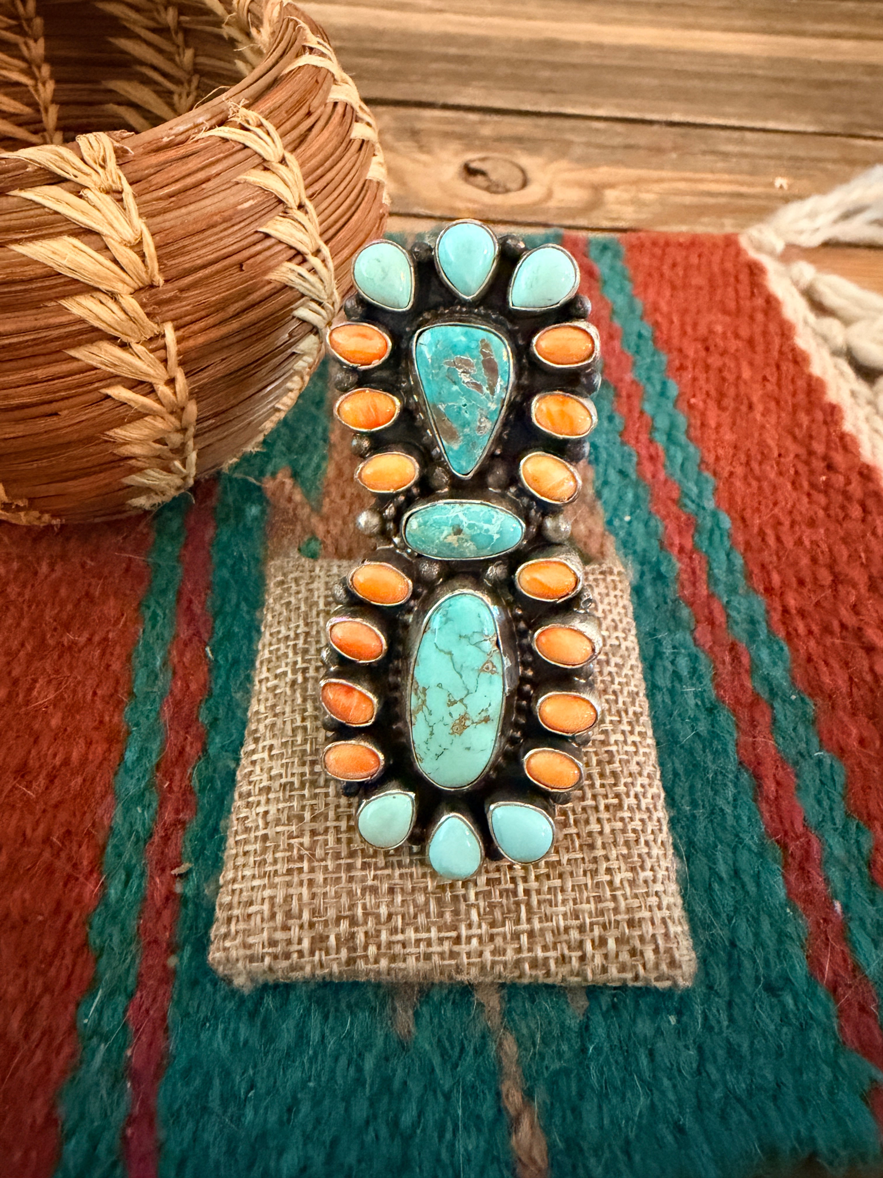 Handcrafted Spiny Oyster, Turquoise & Sterling Silver Cluster Ring by Sheila Becenti Size 7.5
