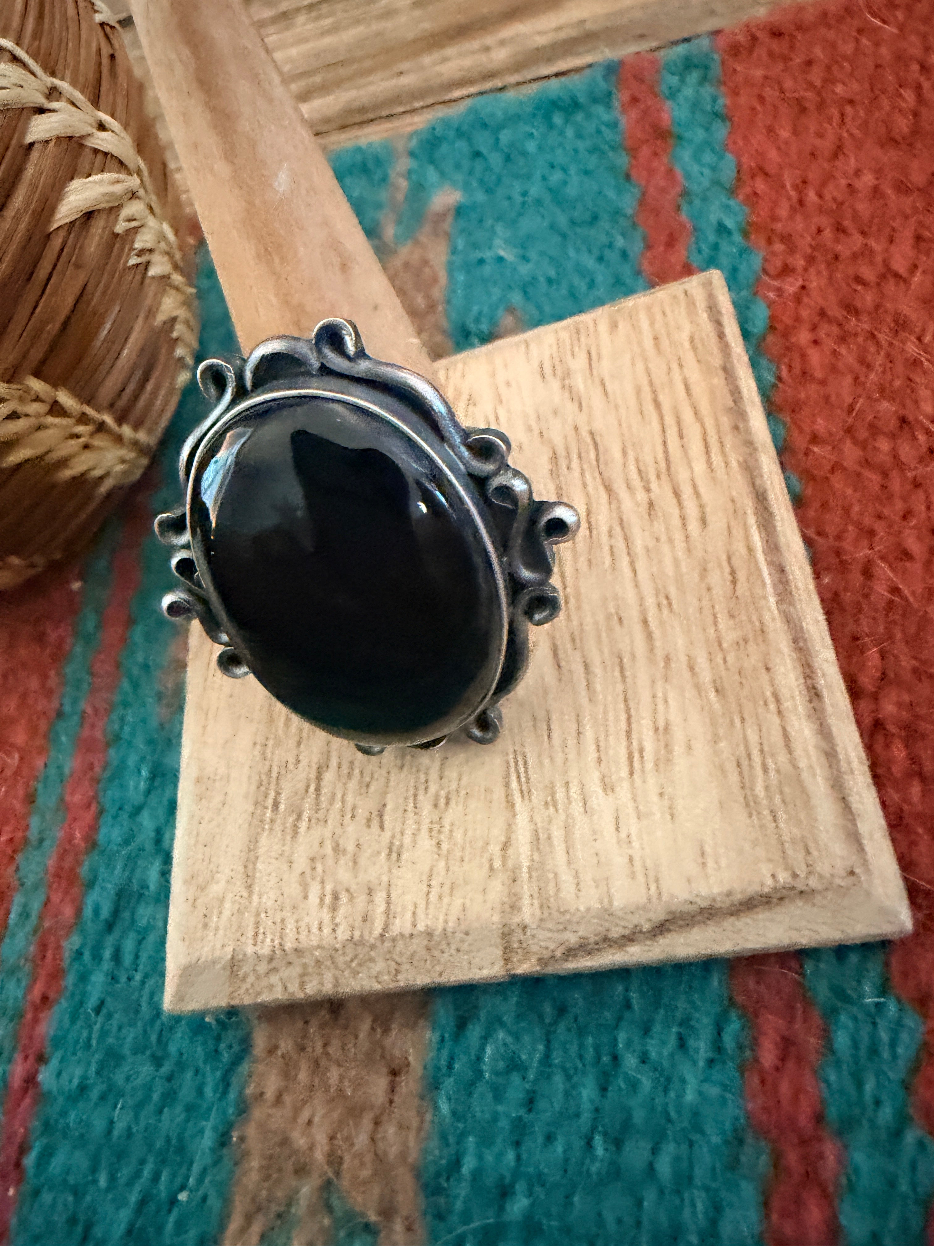 Handcrafted Black Onyx & Sterling Silver Ring Size 9