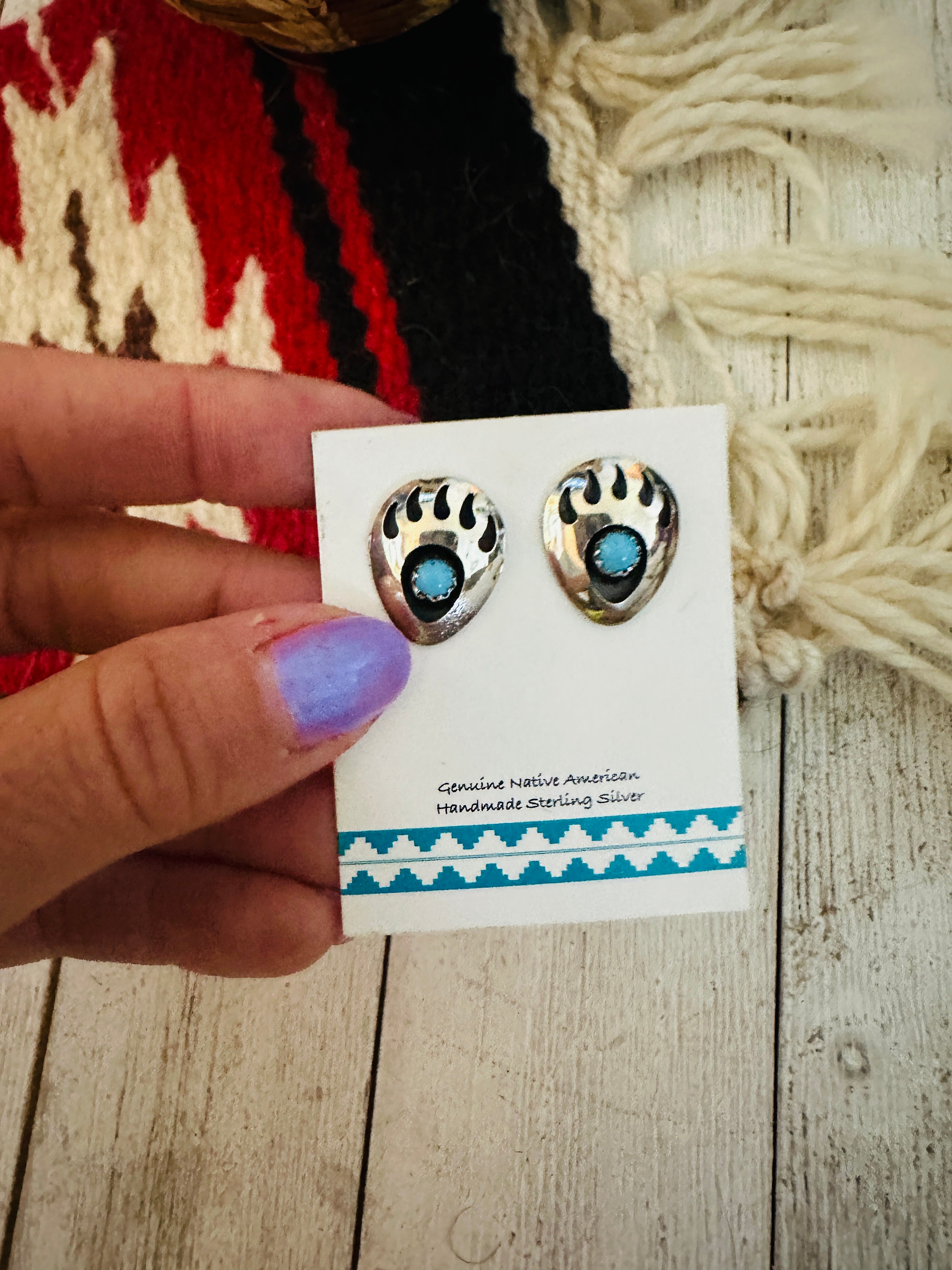 Navajo Sterling Silver And Turquoise Bear Paw Post Earrings