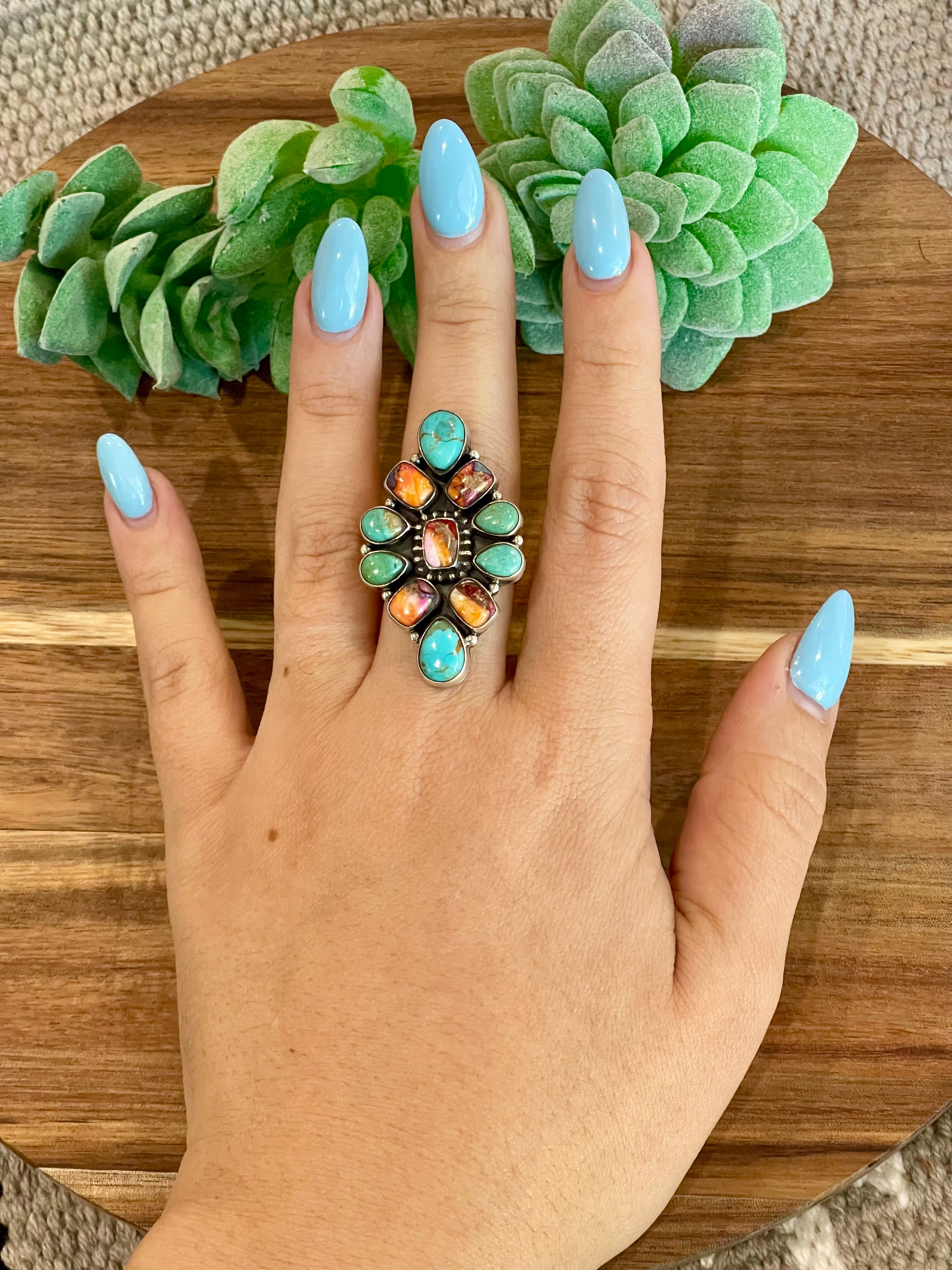 Beautiful Handmade Turquoise, Pink Dream Mojave And Sterling Silver Adjustable Ring