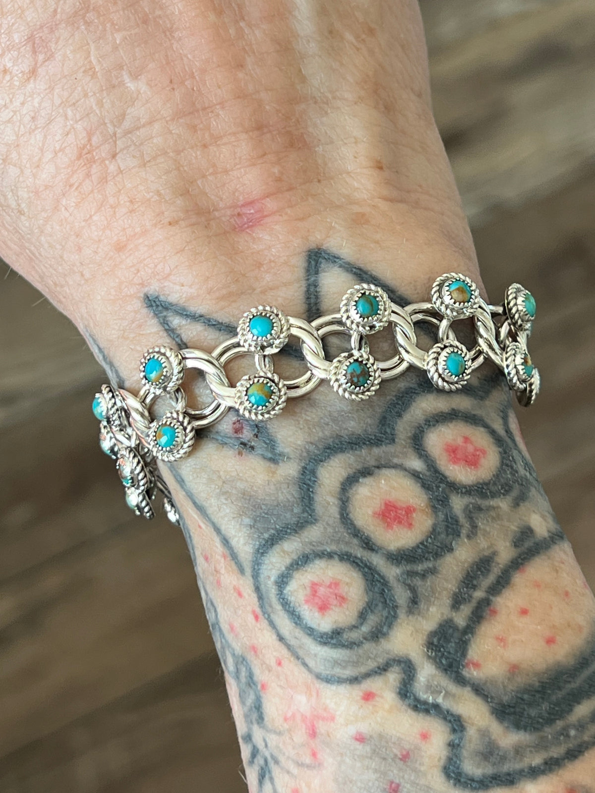 Handcrafted Sterling and Snake Eye Turquoise Link Necklace, Bracelet & Earrings by Dillon Cheama