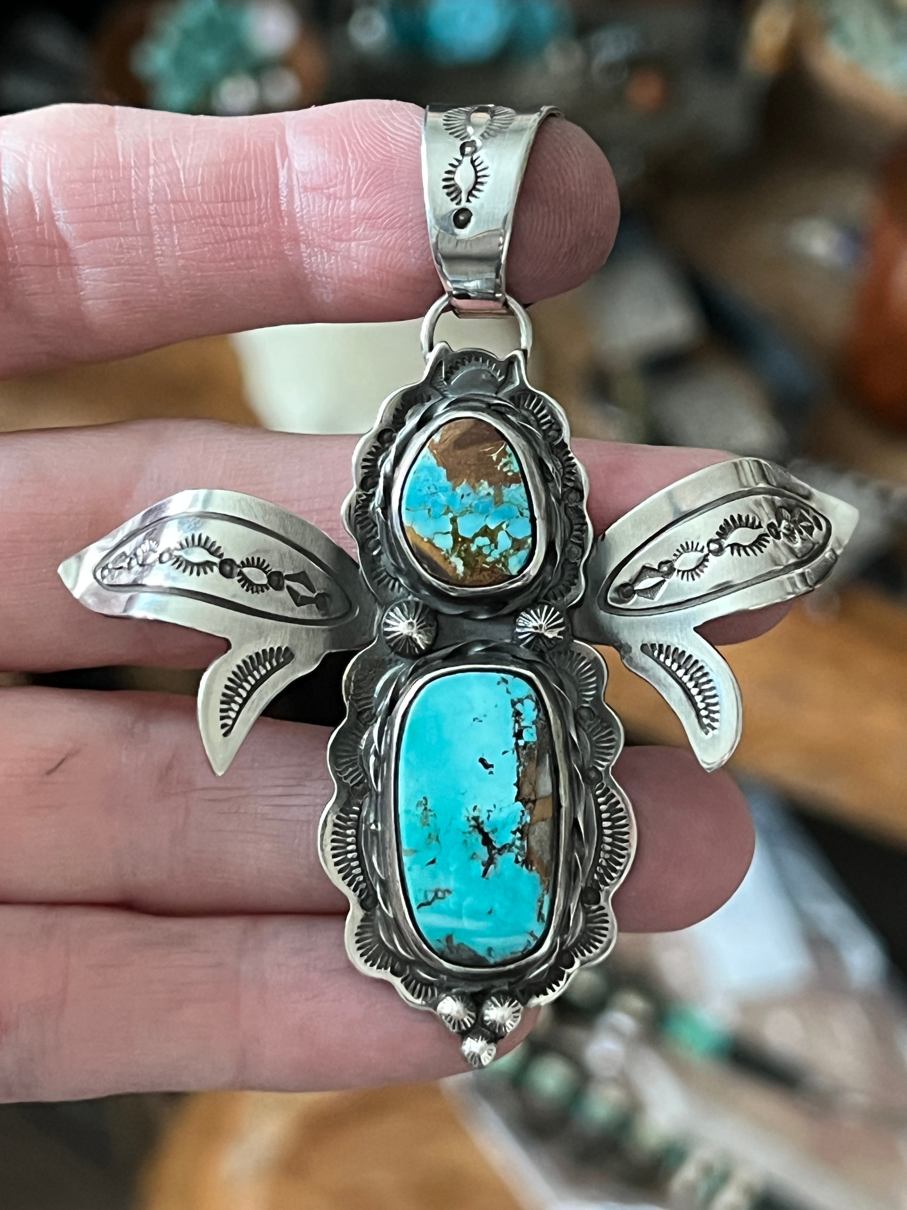 Sterling Silver and Turquoise Winged Bug Pendant by Kimari Somers