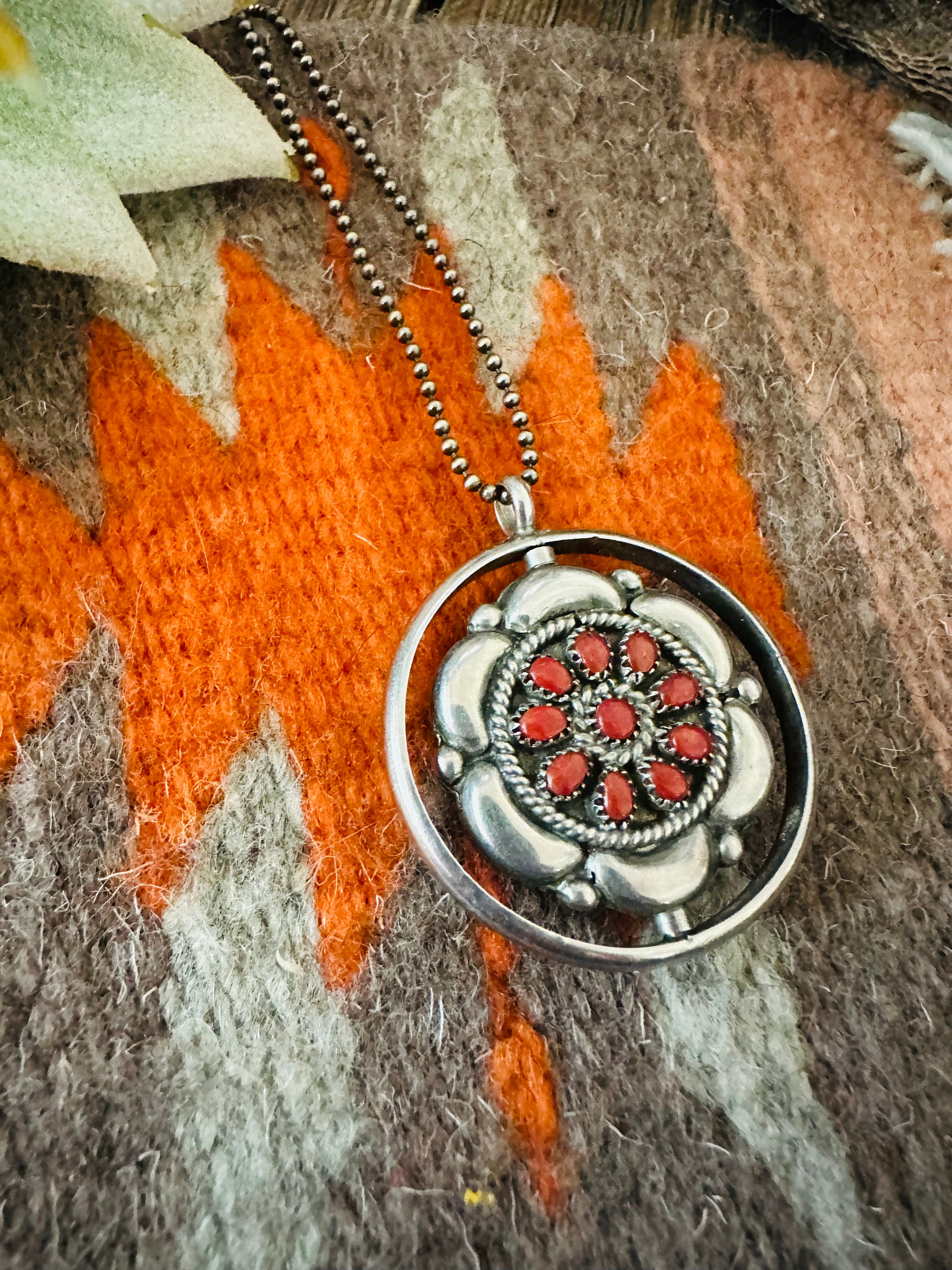 Old Pawn Vintave Navajo Turquoise, Coral & Sterling Silver Double Sided Pendant