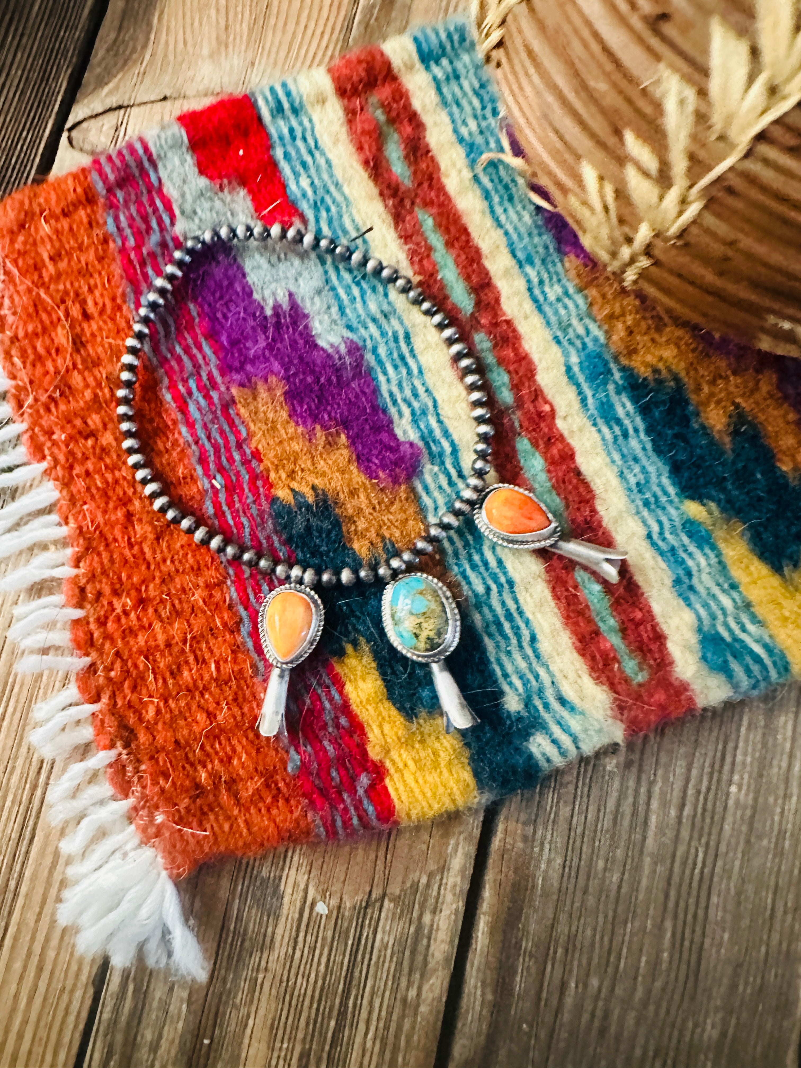 Handcrafted 3mm Sterling Silver Pearl, Turquoise & Spiny Oyster Blossom Stretch Bracelet