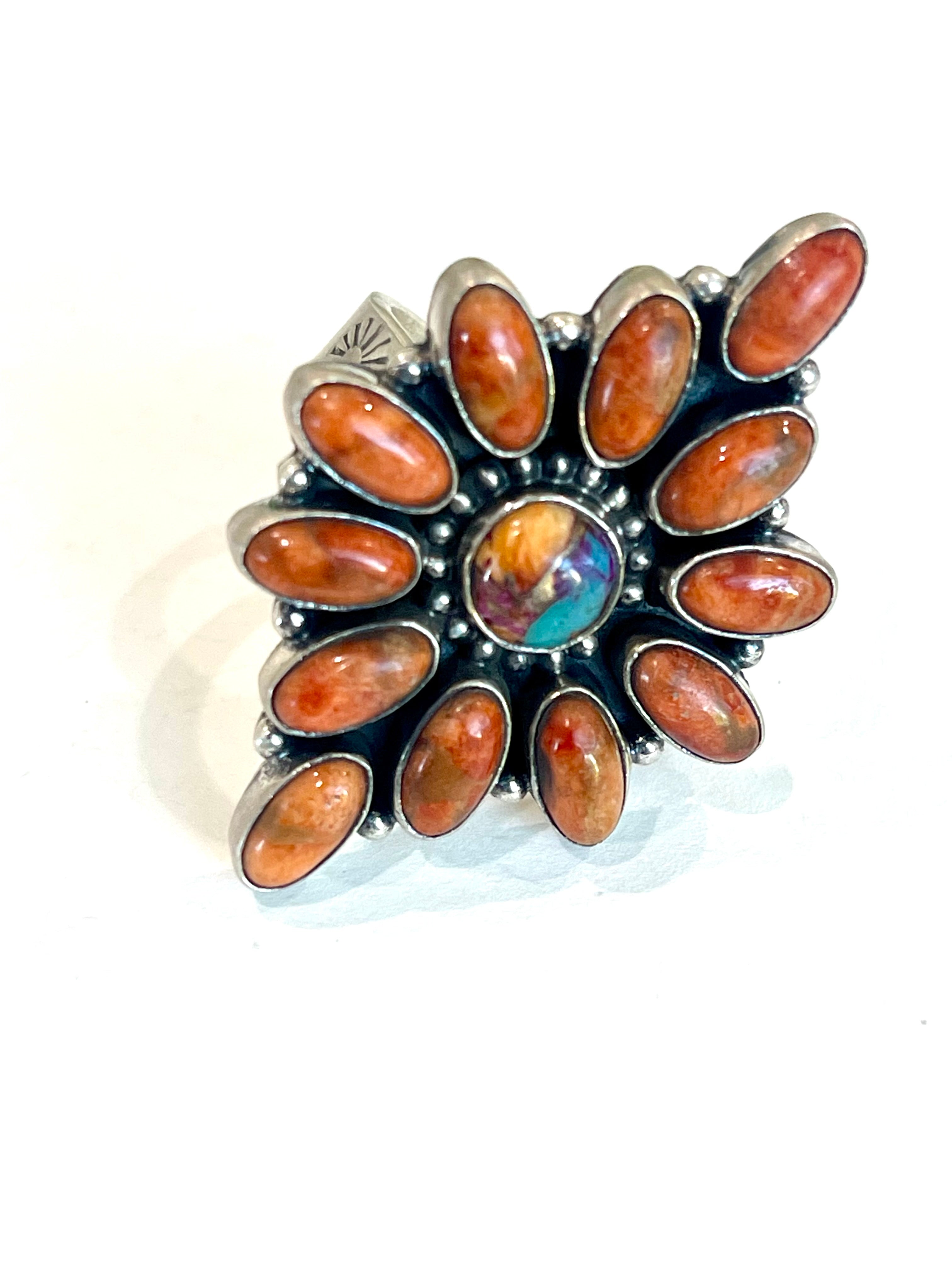 Beautiful Handmade Orange Mojave, Pink Dream Mojave And Sterling Silver Adjustable Ring