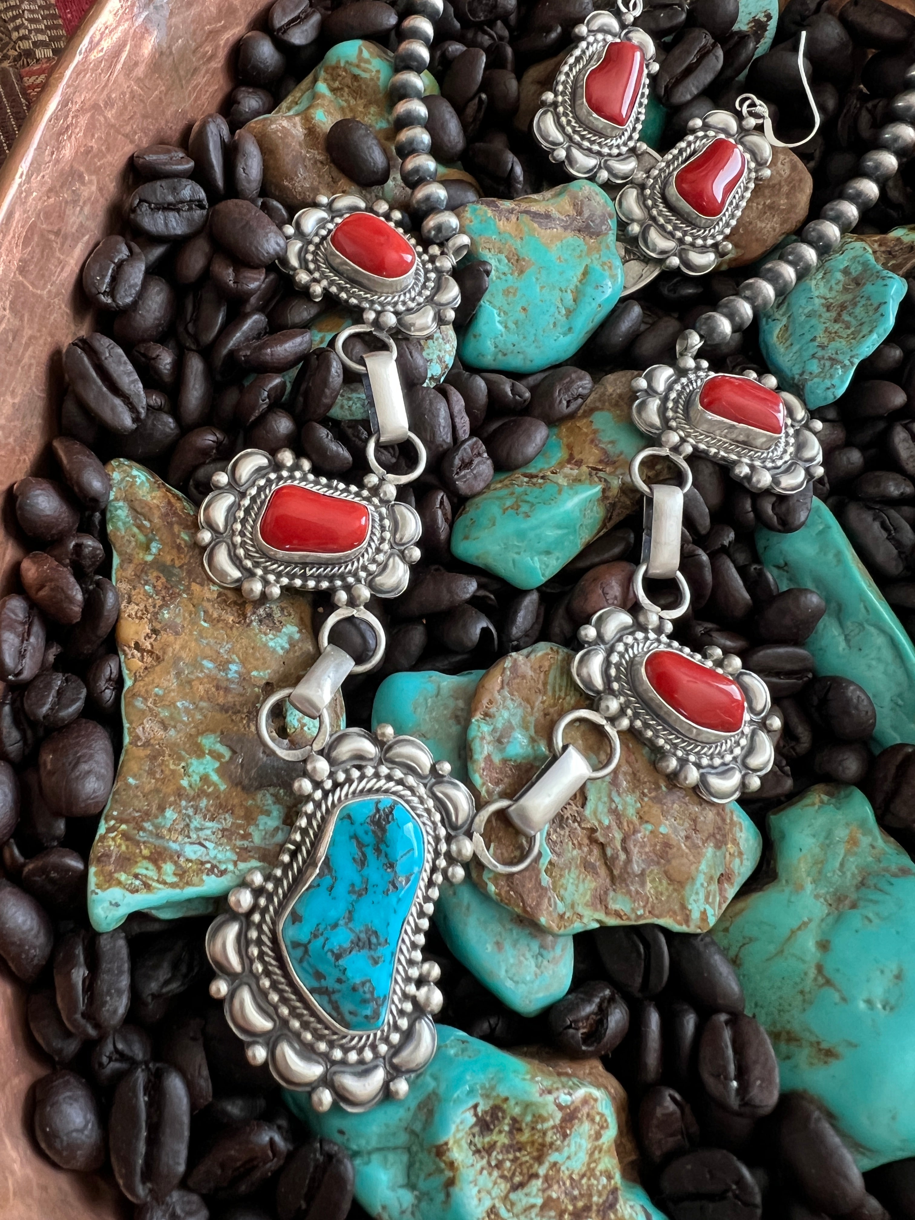 Navajo Sterling Silver, Mediterranean Coral and Sleeping Beauty Turquoise Necklace with Matching Earrings by Tom Lewis