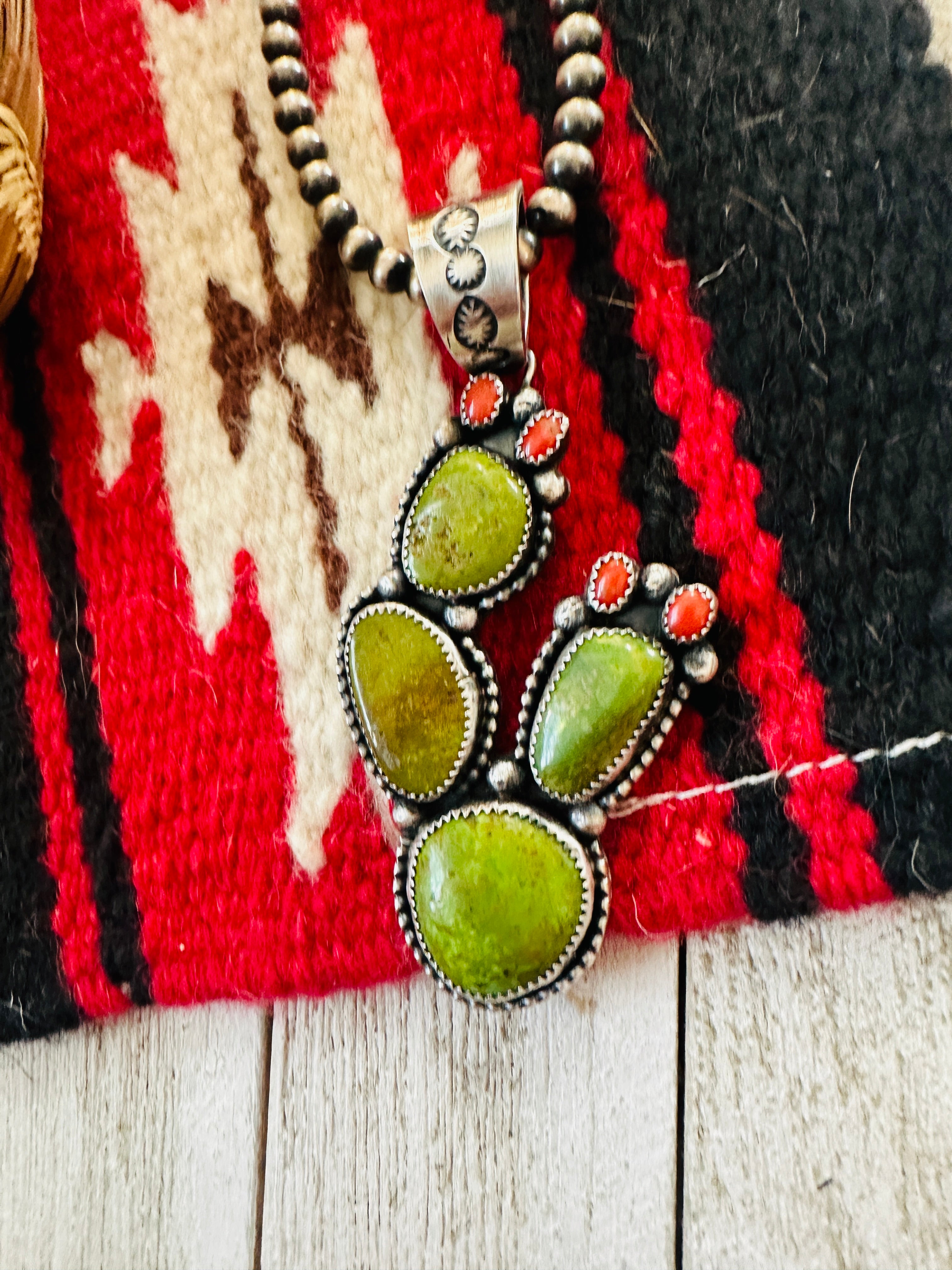 Navajo Turquoise, Coral and Sterling Silver Cactus Pendant