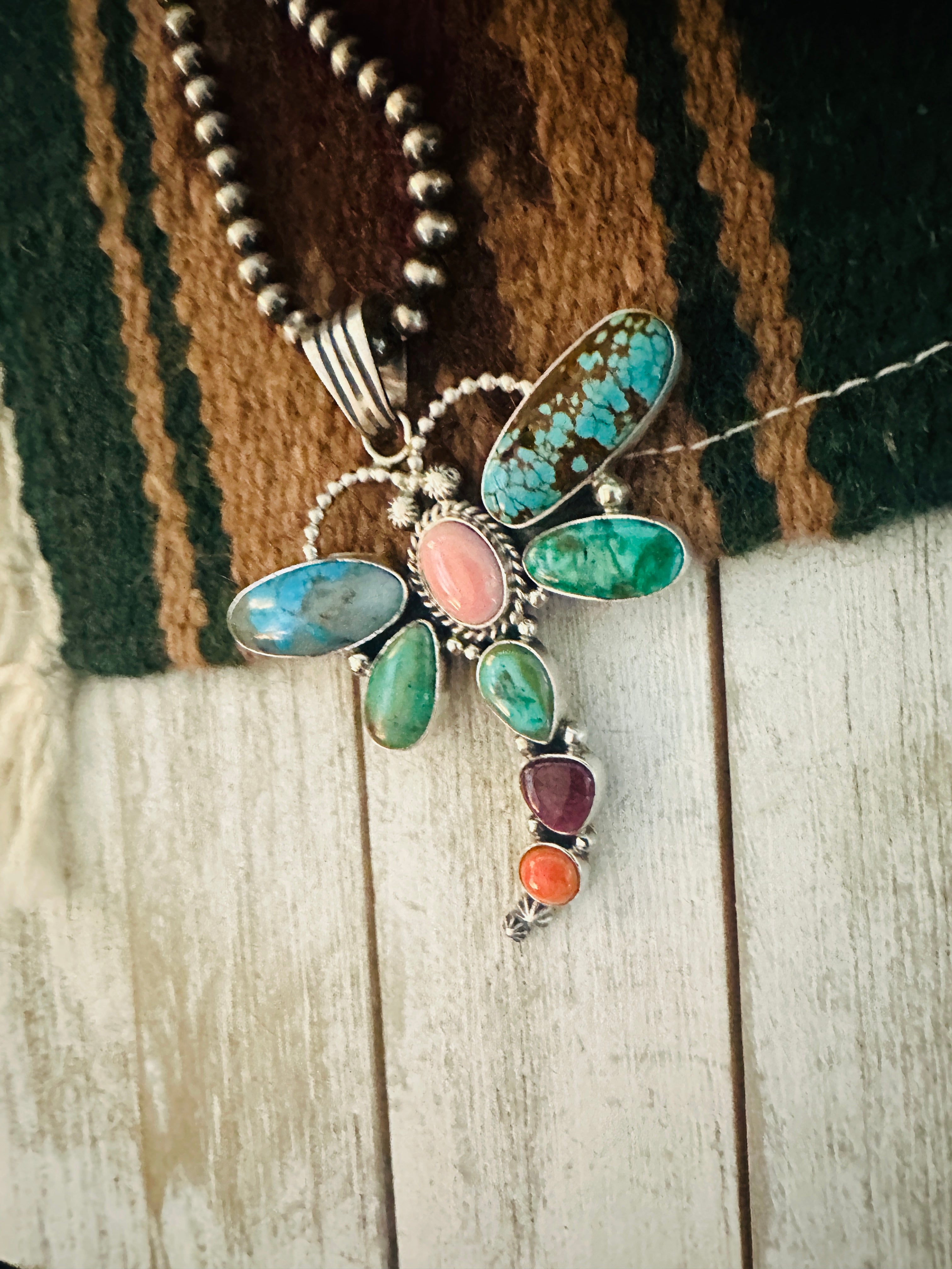 Navajo Multi Stone & Sterling Silver Dragonfly Pendant