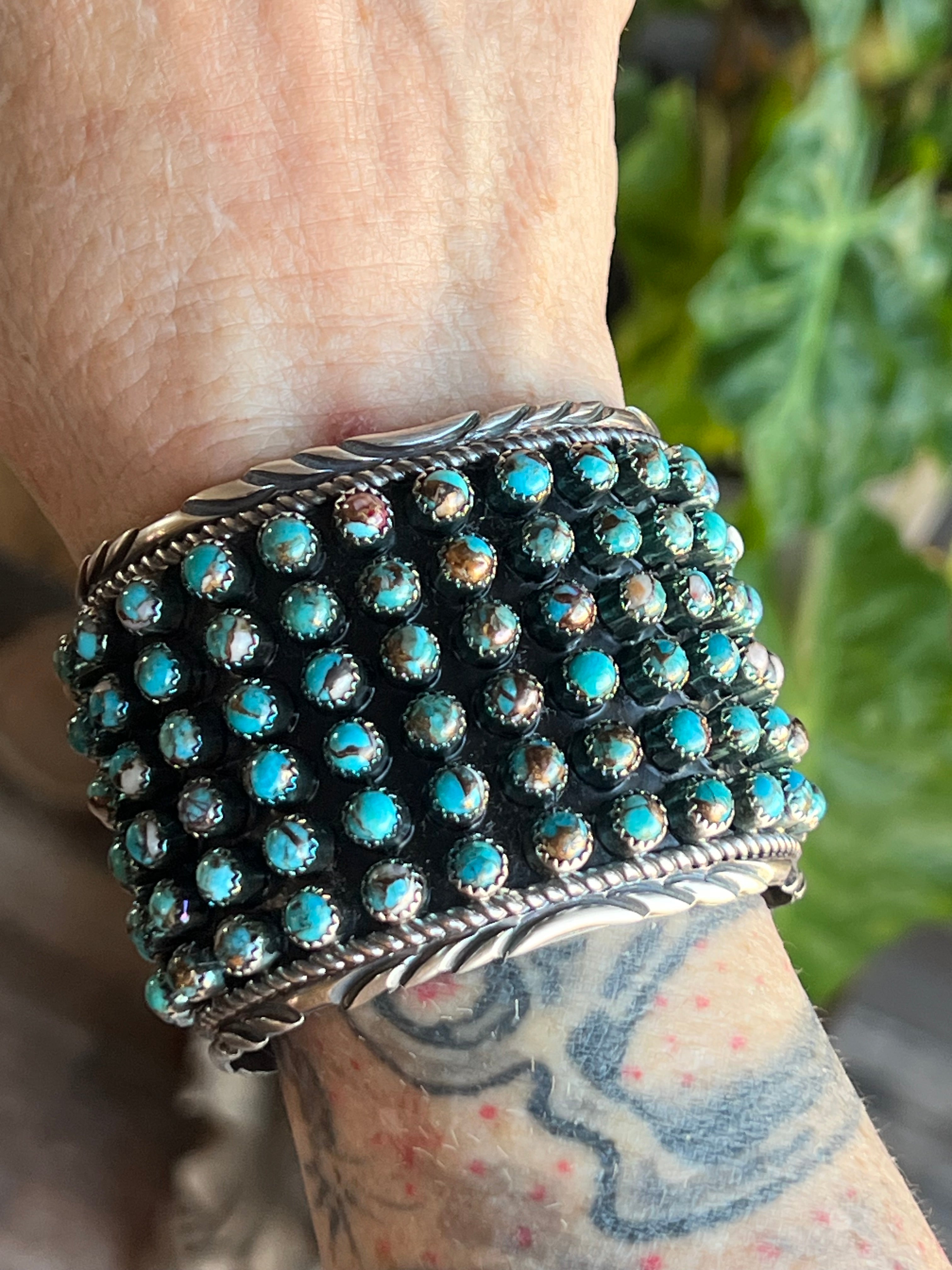 Handcrafted Sterling Silver and Blue Mohave Snake Eye Style Six Row Cuff Bracelet, Signed BJ