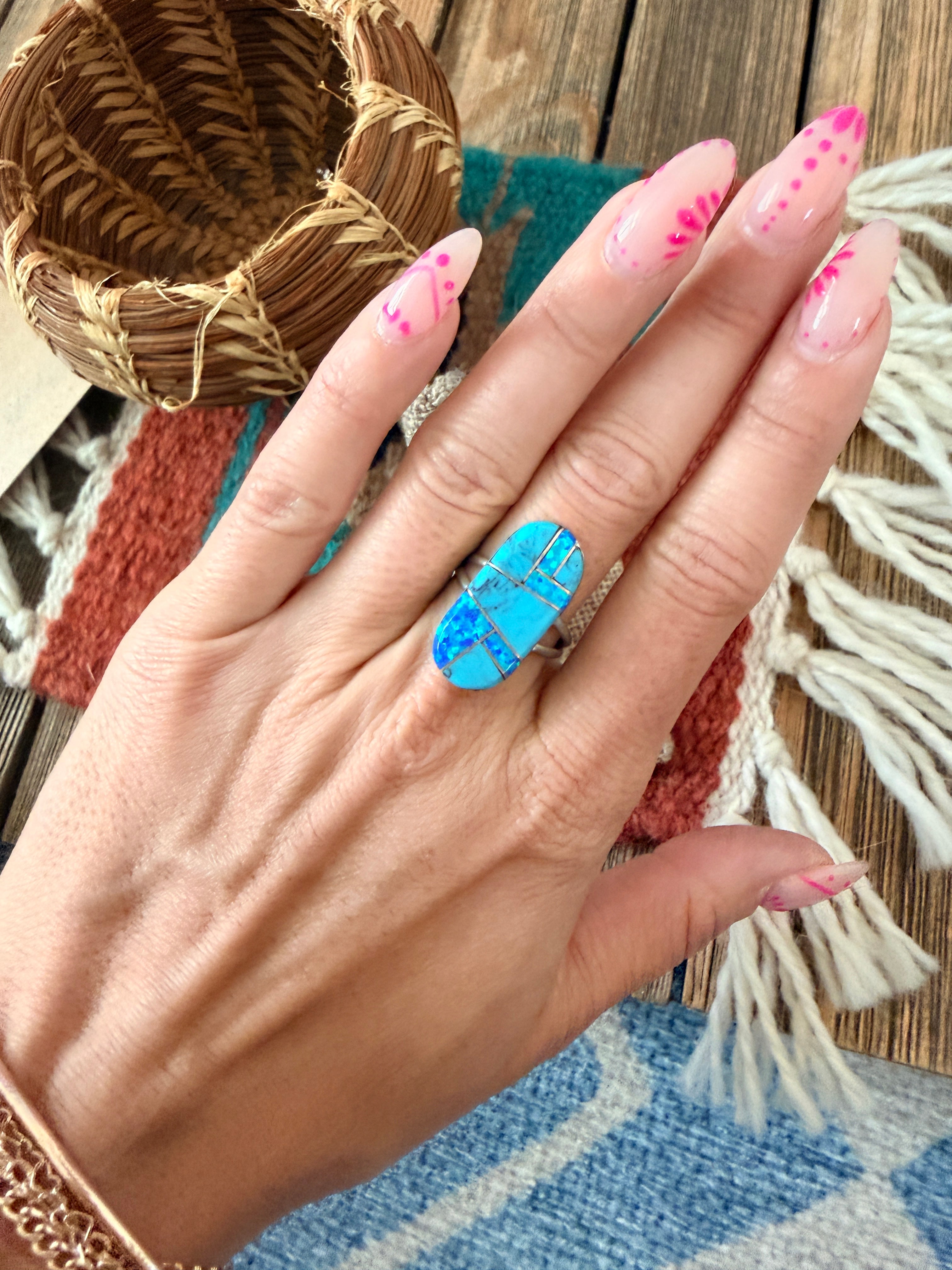 Old Pawn Handcrafted Turquoise, Opal & Sterling Silver Inlay Ring Size 7