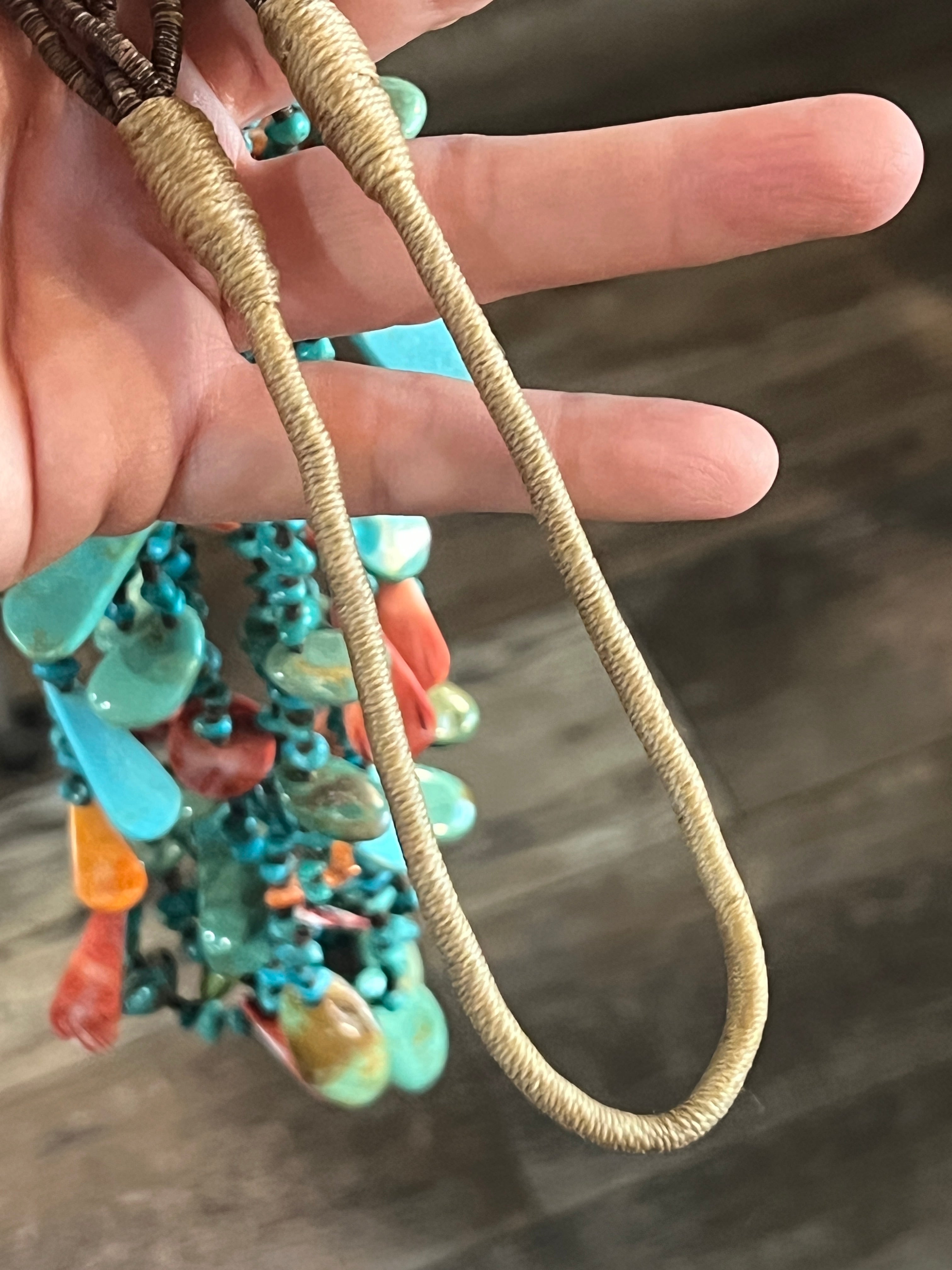 Gorgeous Handcrafted Five Strand Turquoise and Spiny Oyster Beaded Squaw Wrap Necklace with Tabs by Daniel Coriz