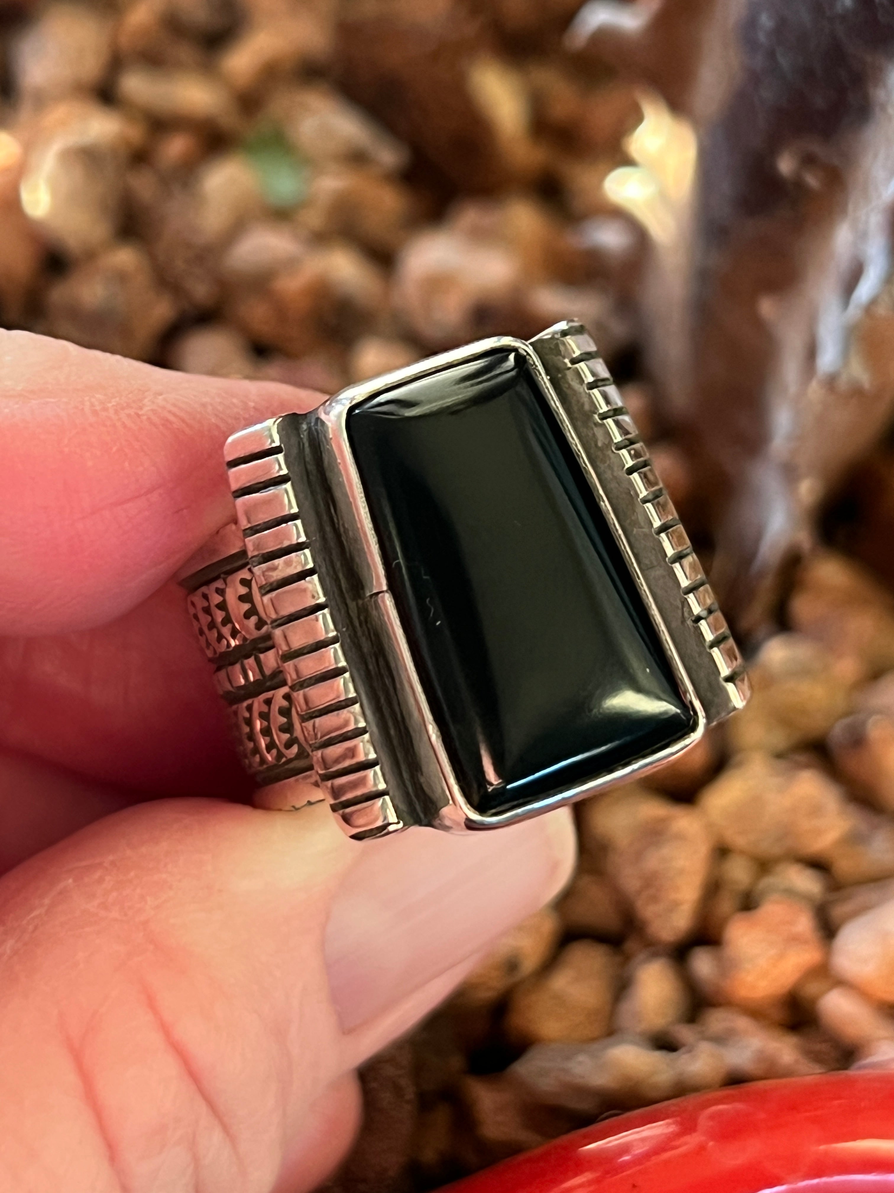 Handcrafted Sterling Silver Hand Stamped Wide Shank Black Jade Ring by