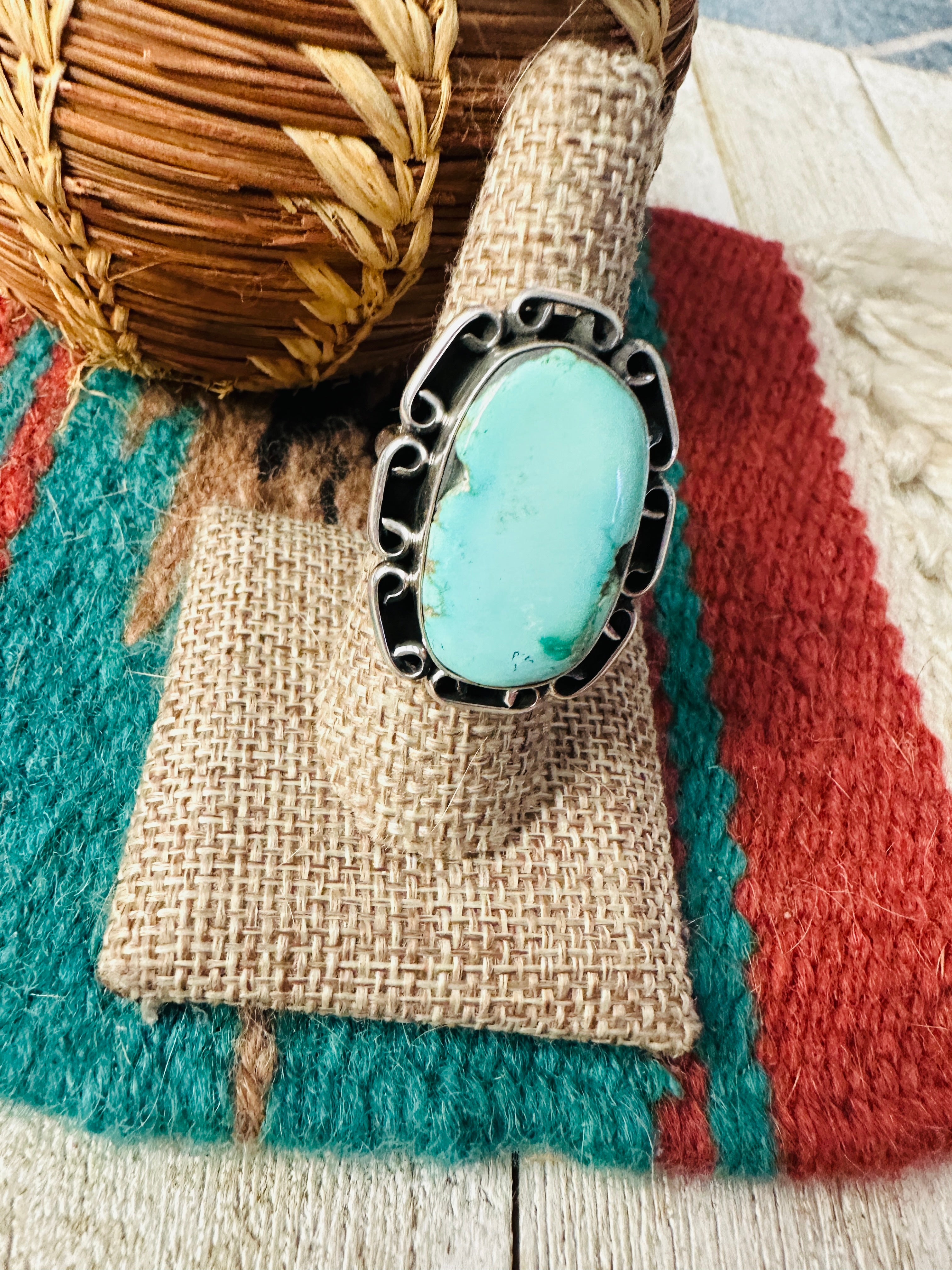 Handcrafted Carico Lake Turquoise & Sterling Silver Ring size 8