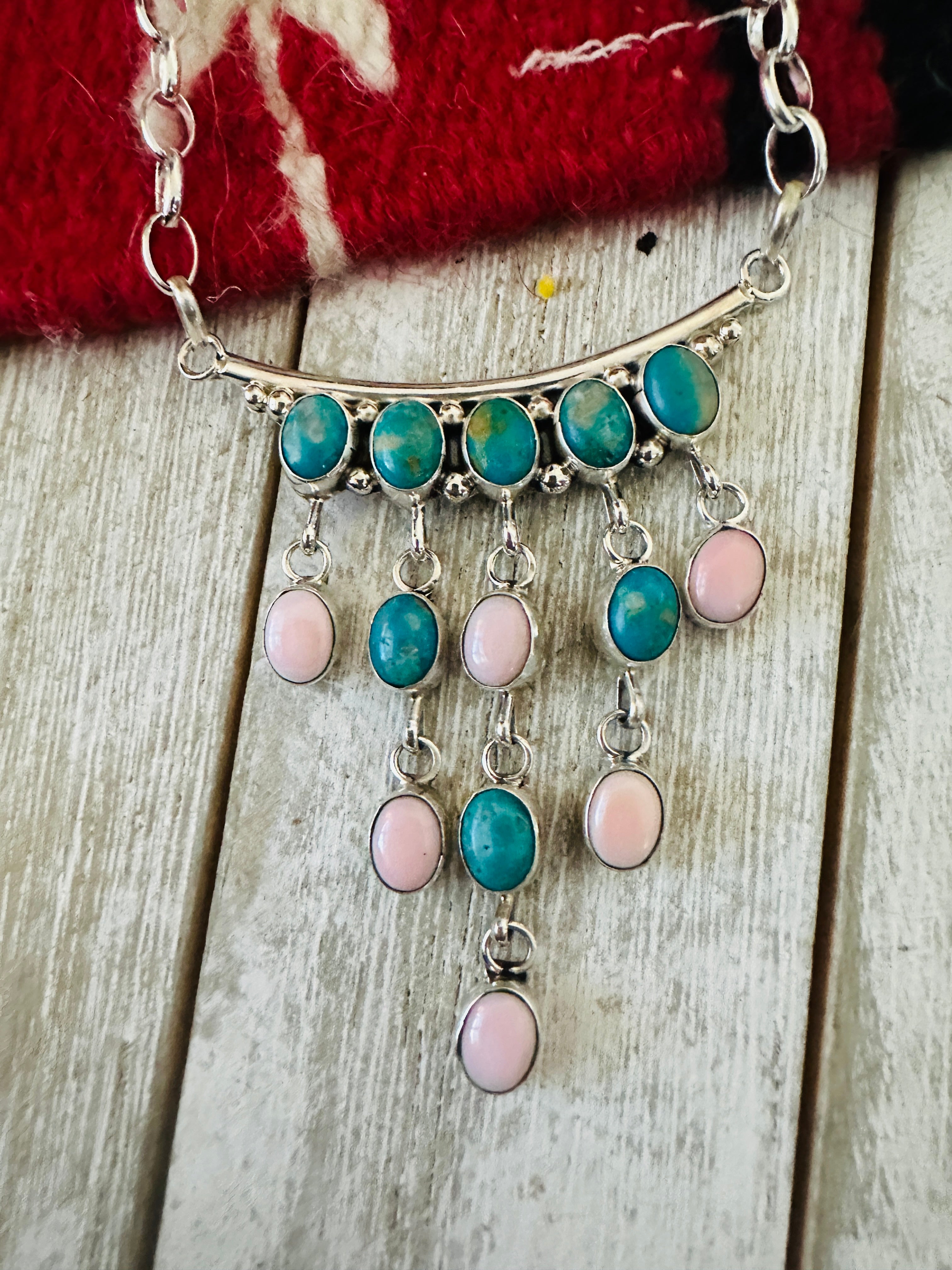 Handcrafted Turquoise, Queen Pink Conch & Sterling Silver Chandelier Necklace Set