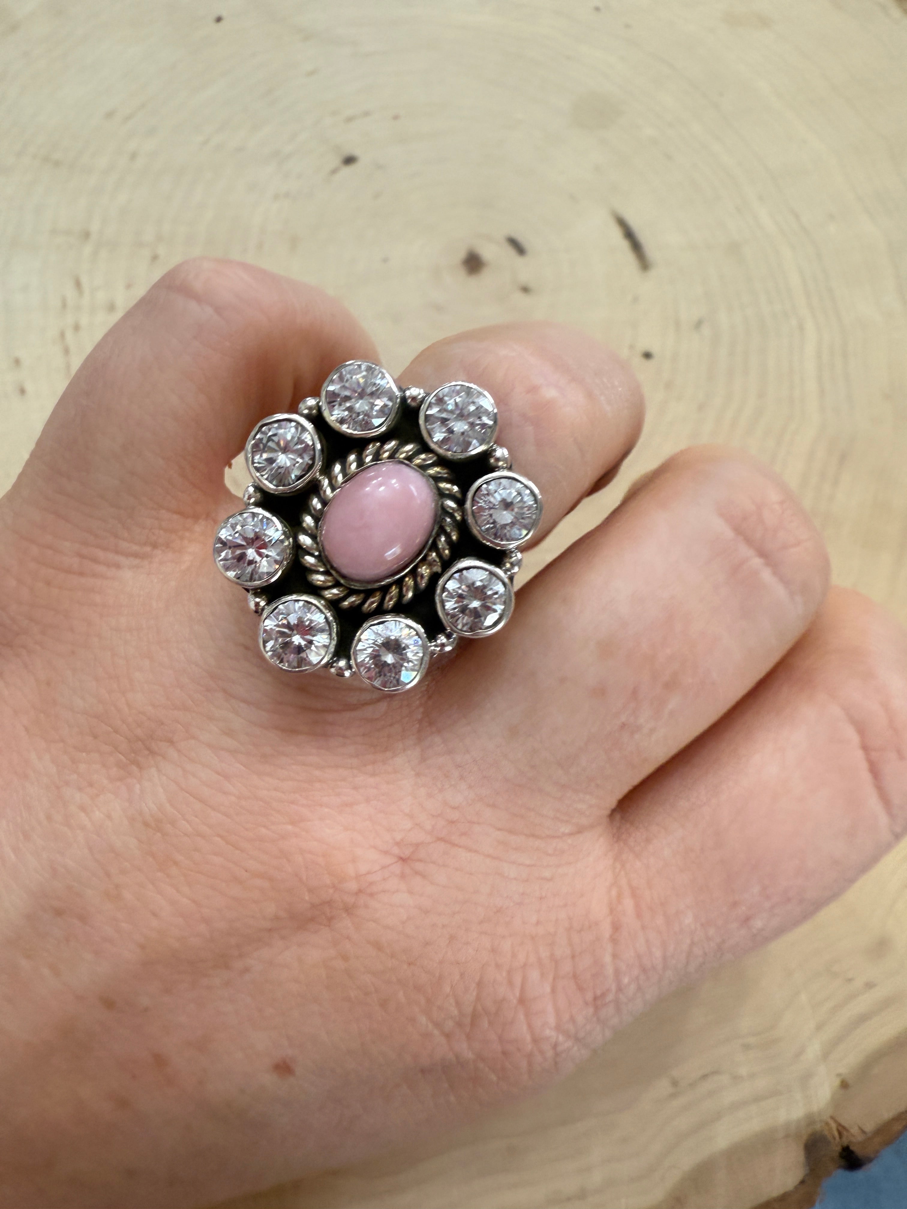 Handmade Pink Conch, CZ & Sterling Silver Adjustable Ring