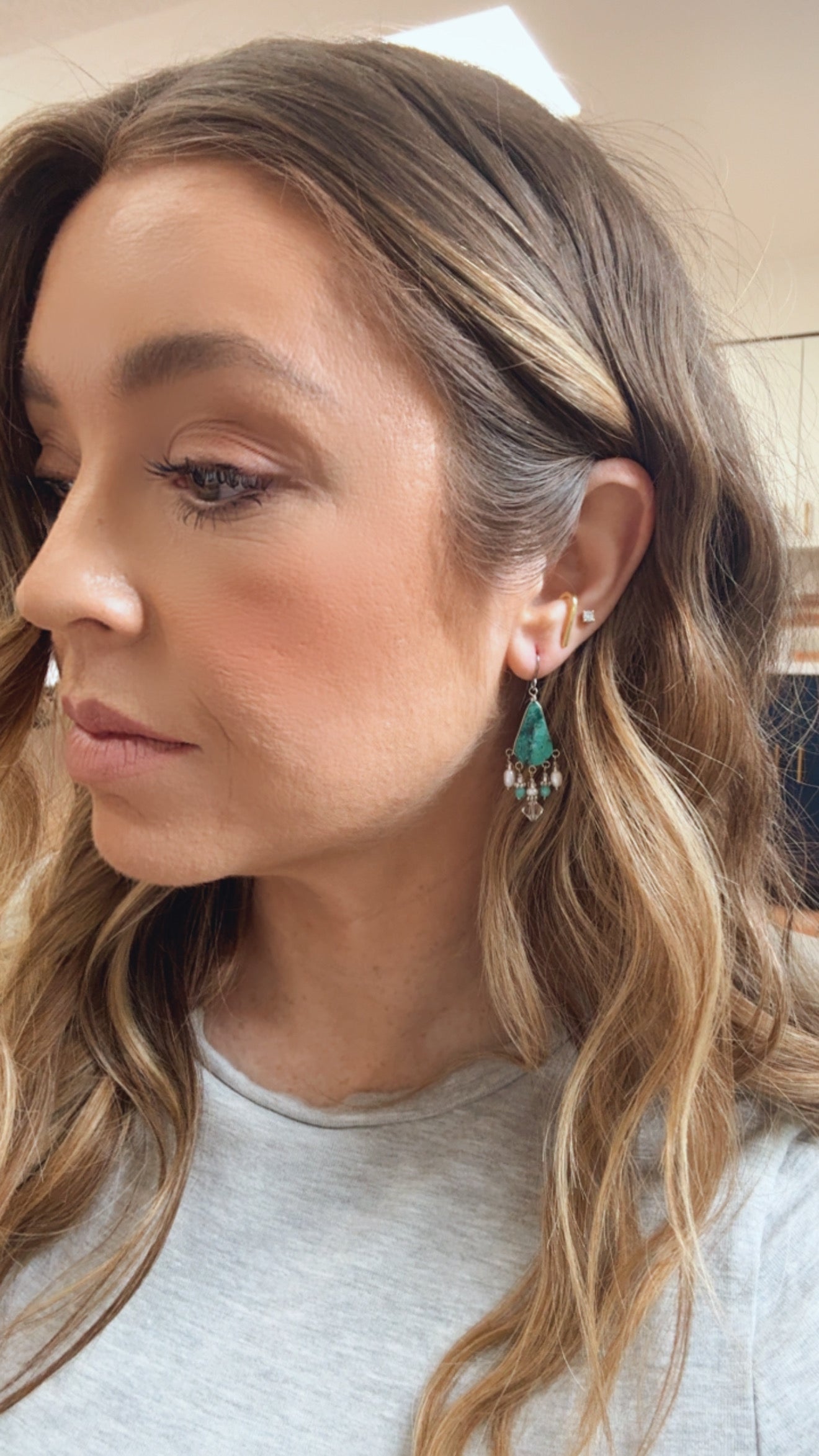 “The Golden Collection”  Electric Sky Handmade Turquoise, Mother of Pearl Beaded Surgical Steel Earrings