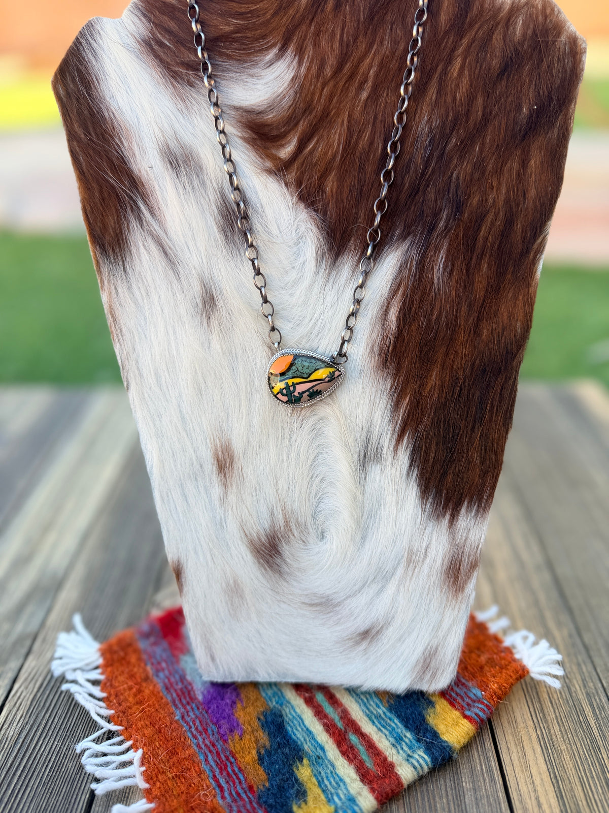 Handmade Sterling Silver & Jasper Painted Cactus Necklace