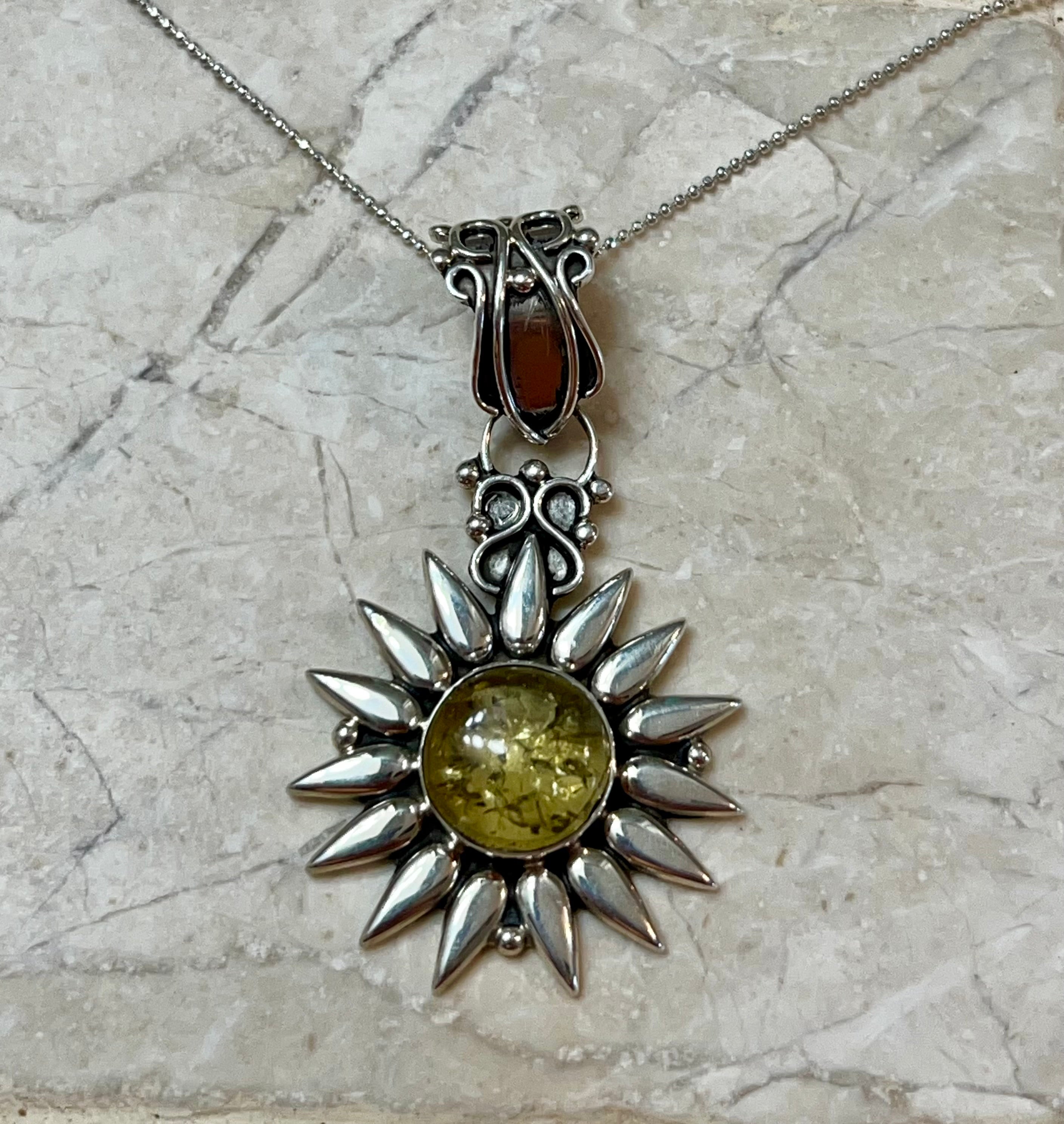 Amber Sunburst Pendant w/ Sterling Silver Necklace