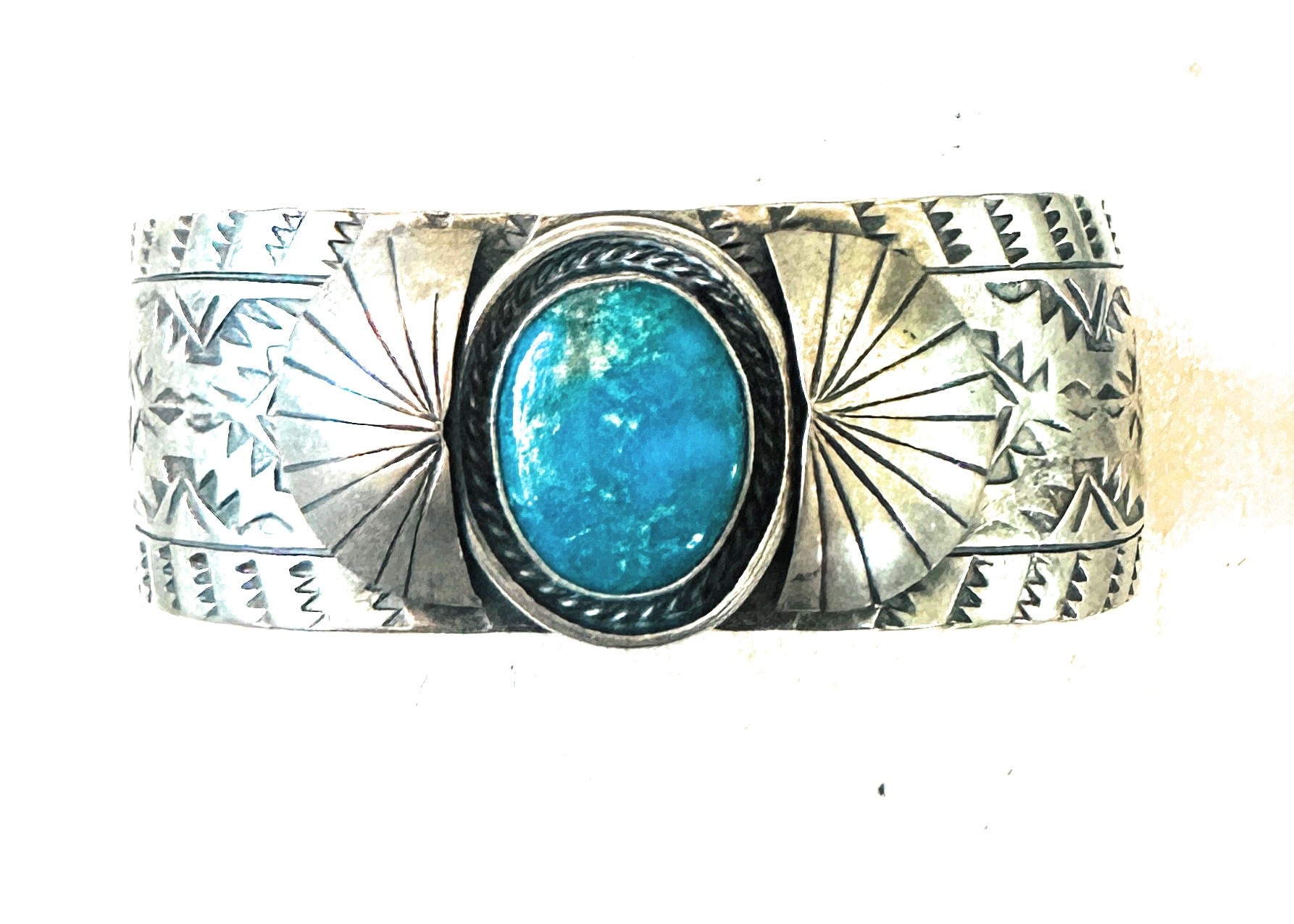 Navajo Hand Stamped Sterling Silver & Turquoise Cuff Bracelet