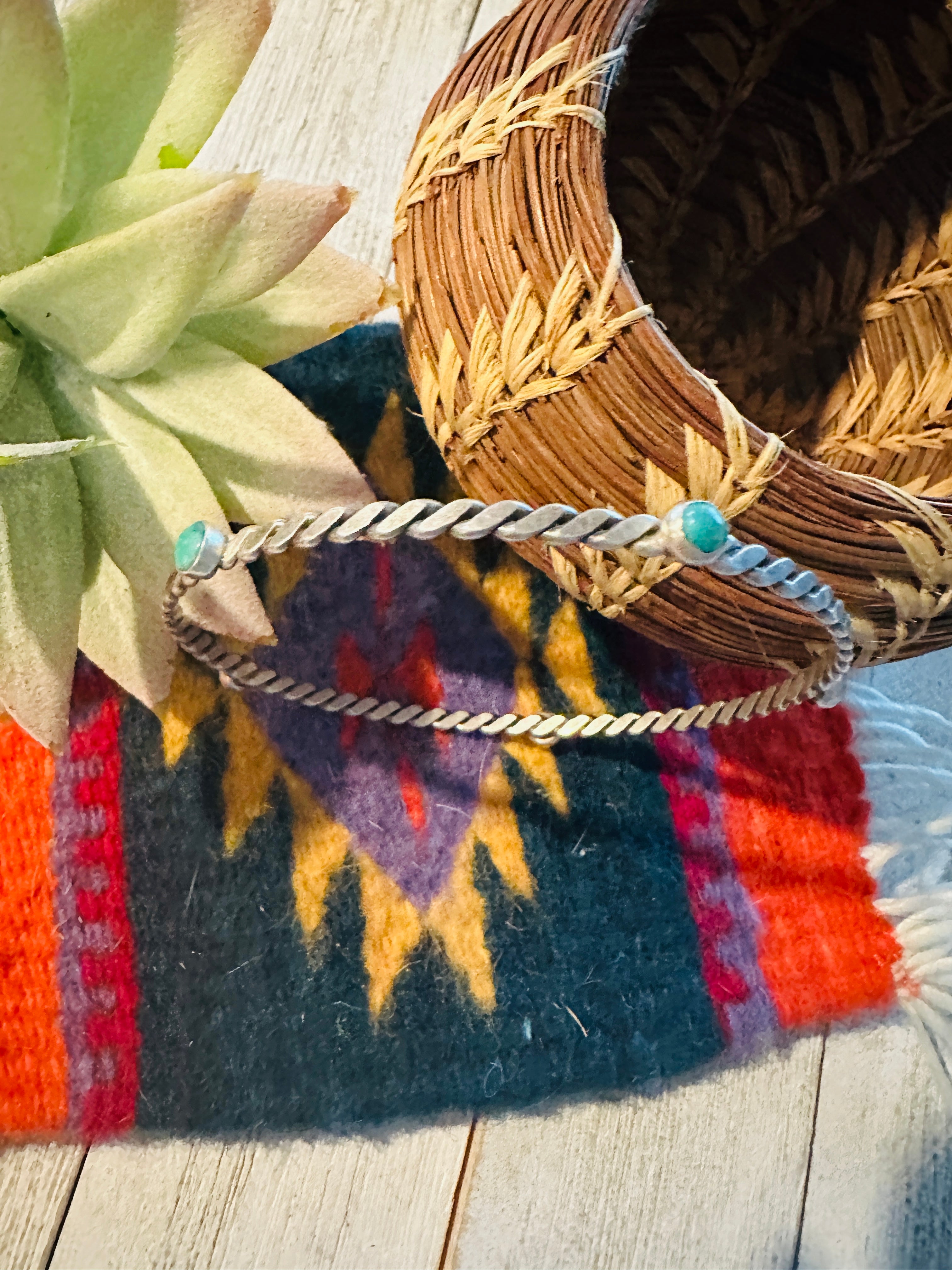 Navajo Twisted Sterling Silver & Turquoise Bangle Bracelet