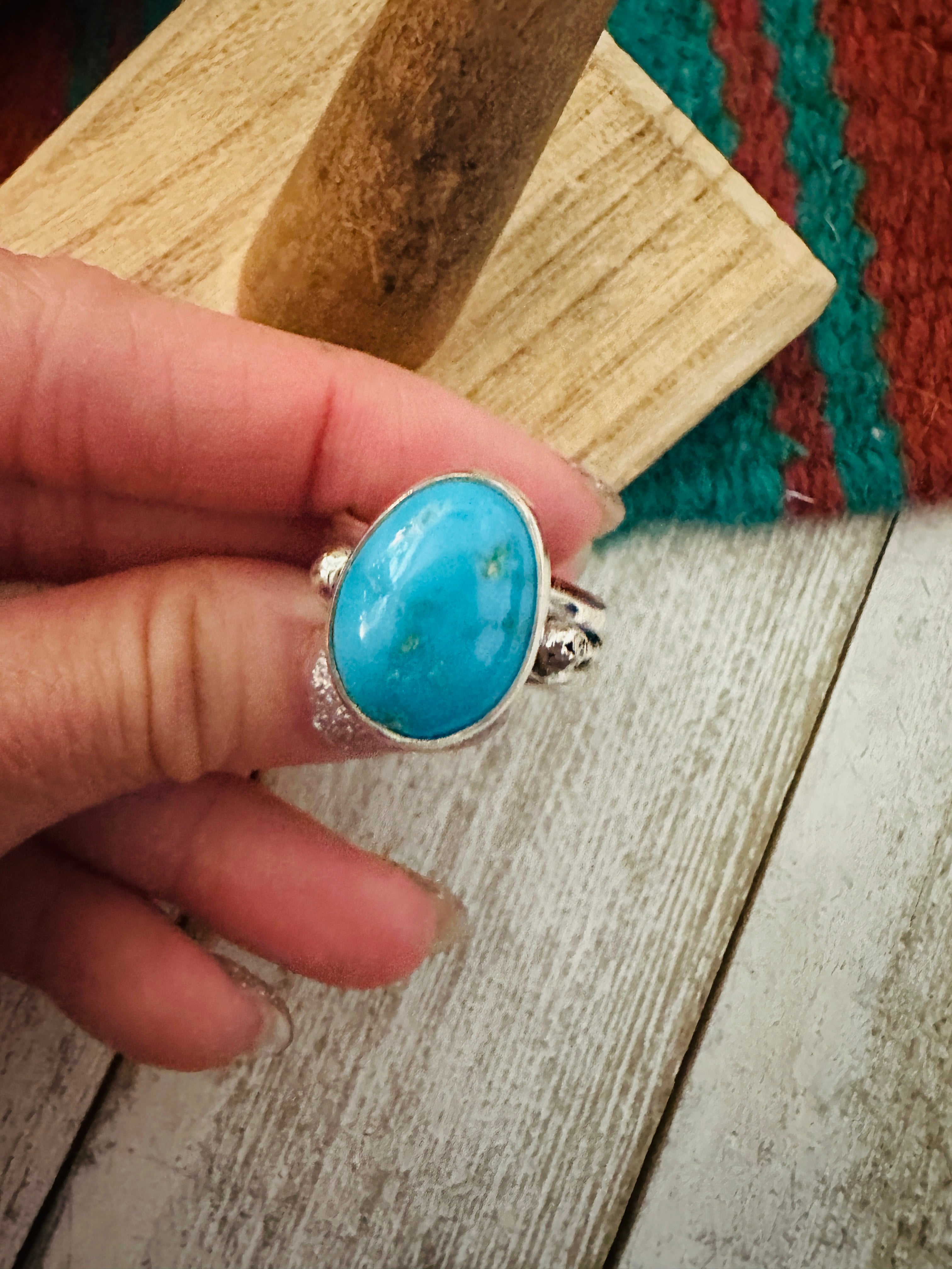 Navajo Kingman Turquoise & Sterling Silver Ring Size 8.75