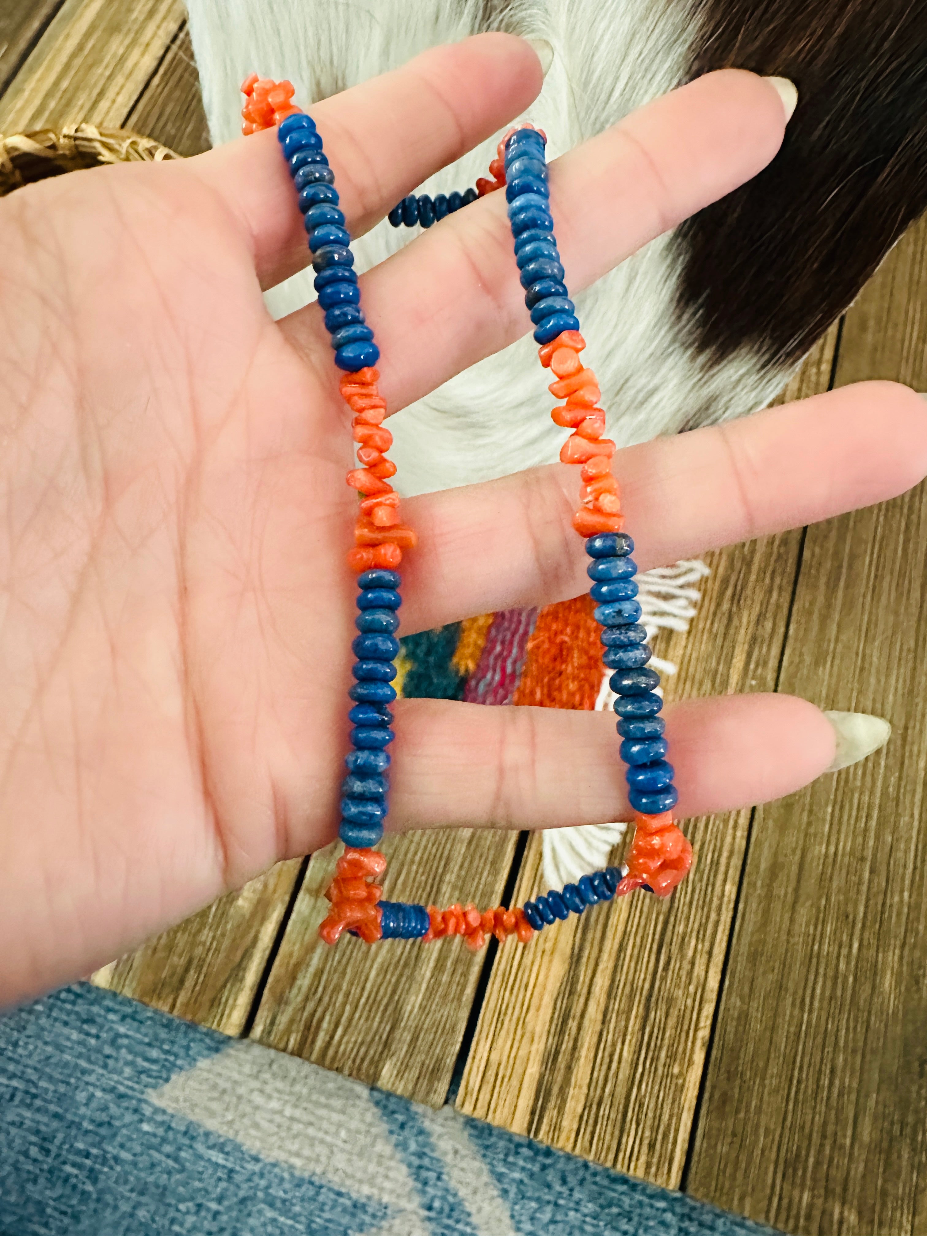 Handcrafted Lapis, Coral & Sterling Silver Beaded 16” Necklace