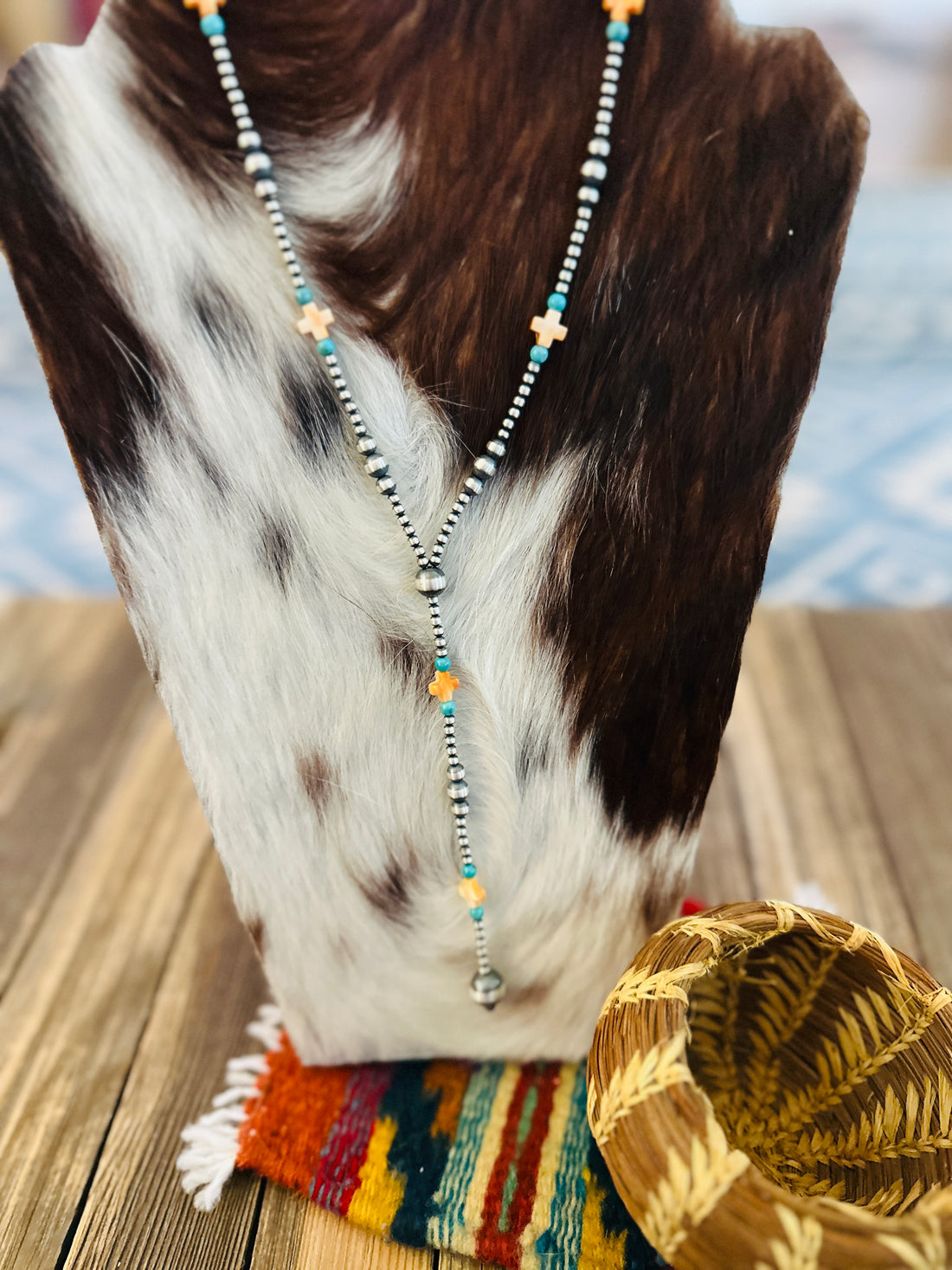 Handcrafted Turquoise, Spiny Oyster & Sterling Silver Pearl 20” Beaded Lariat Necklace