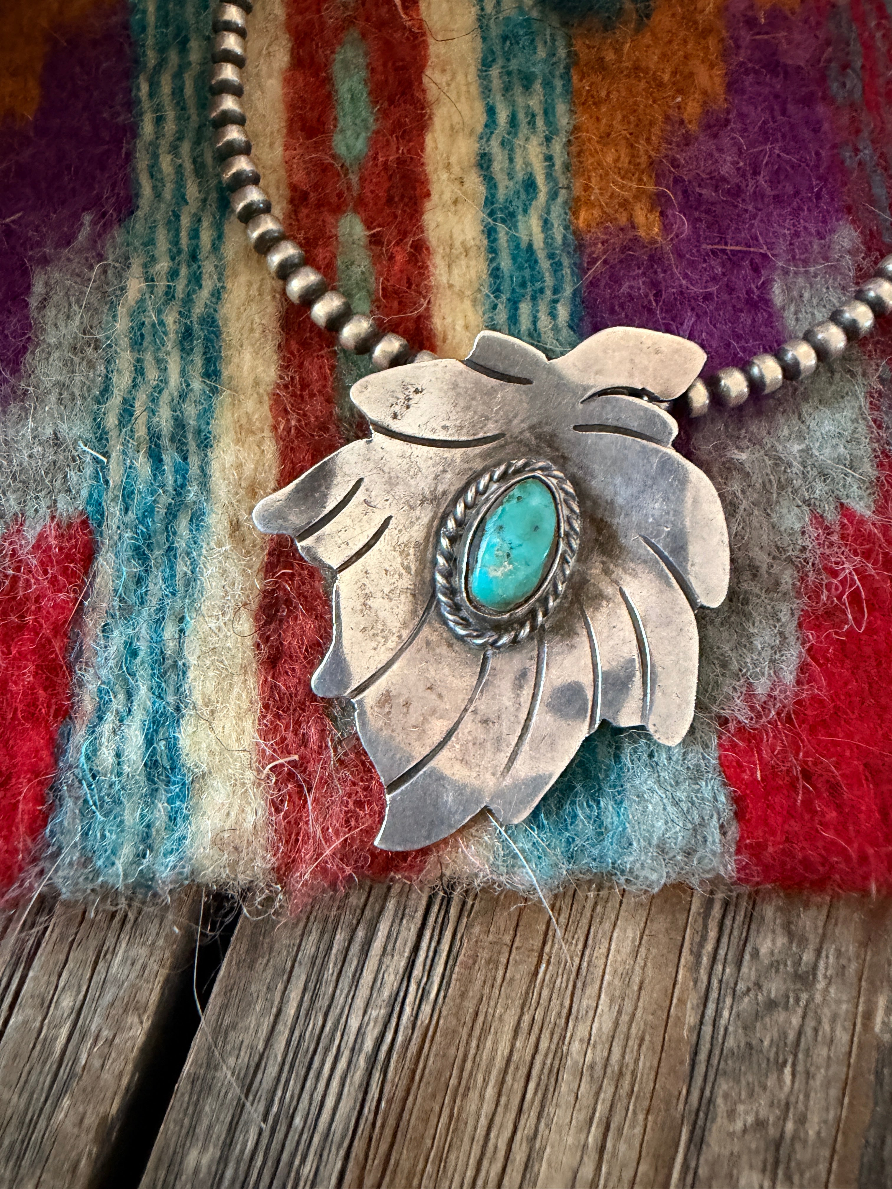 Old Pawn Handcrafted Turquoise and Sterling Silver Leaf Pendant