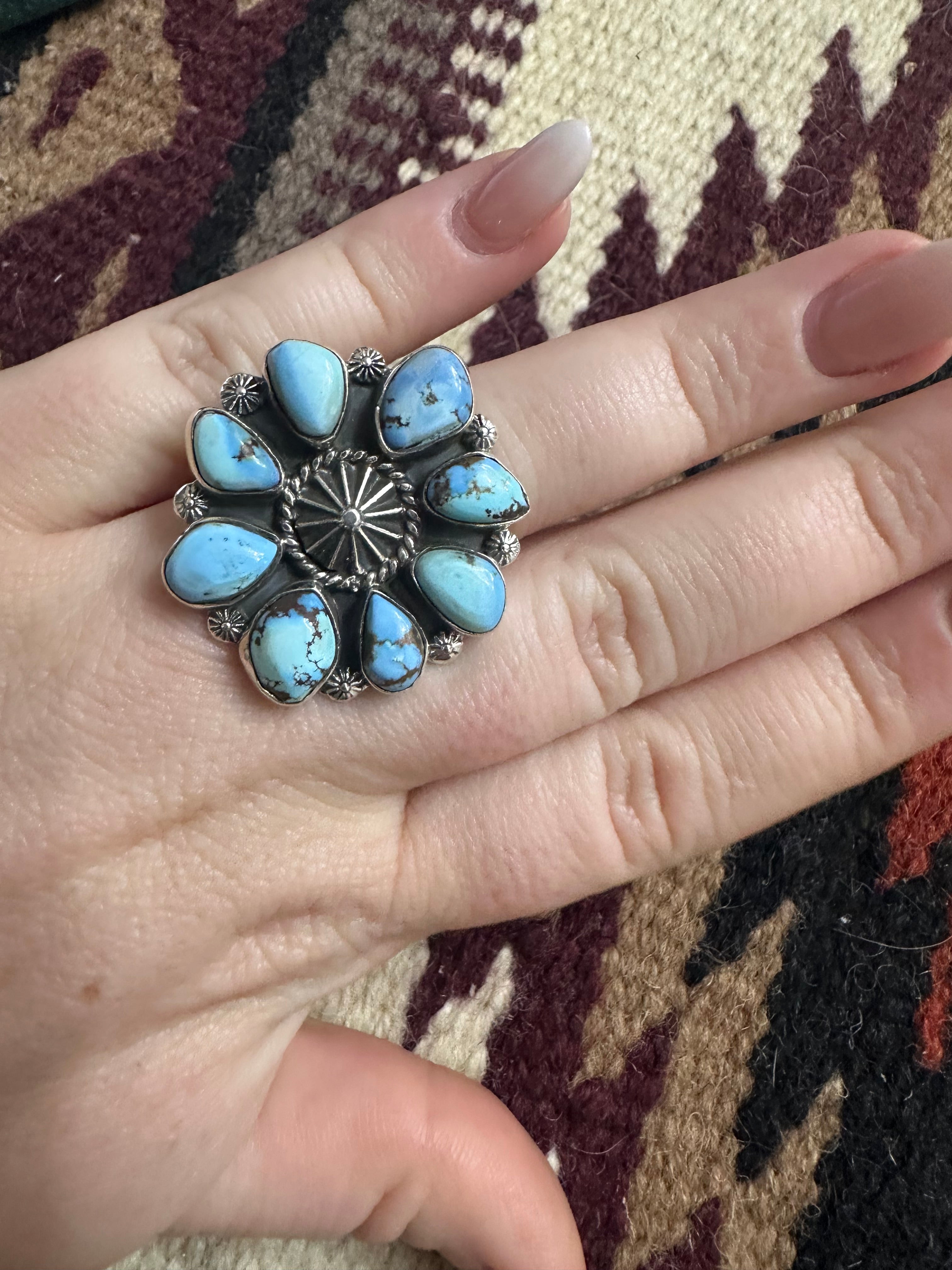 Beautiful Handmade Golden Hills Turquoise And Sterling Silver Adjustable Ring