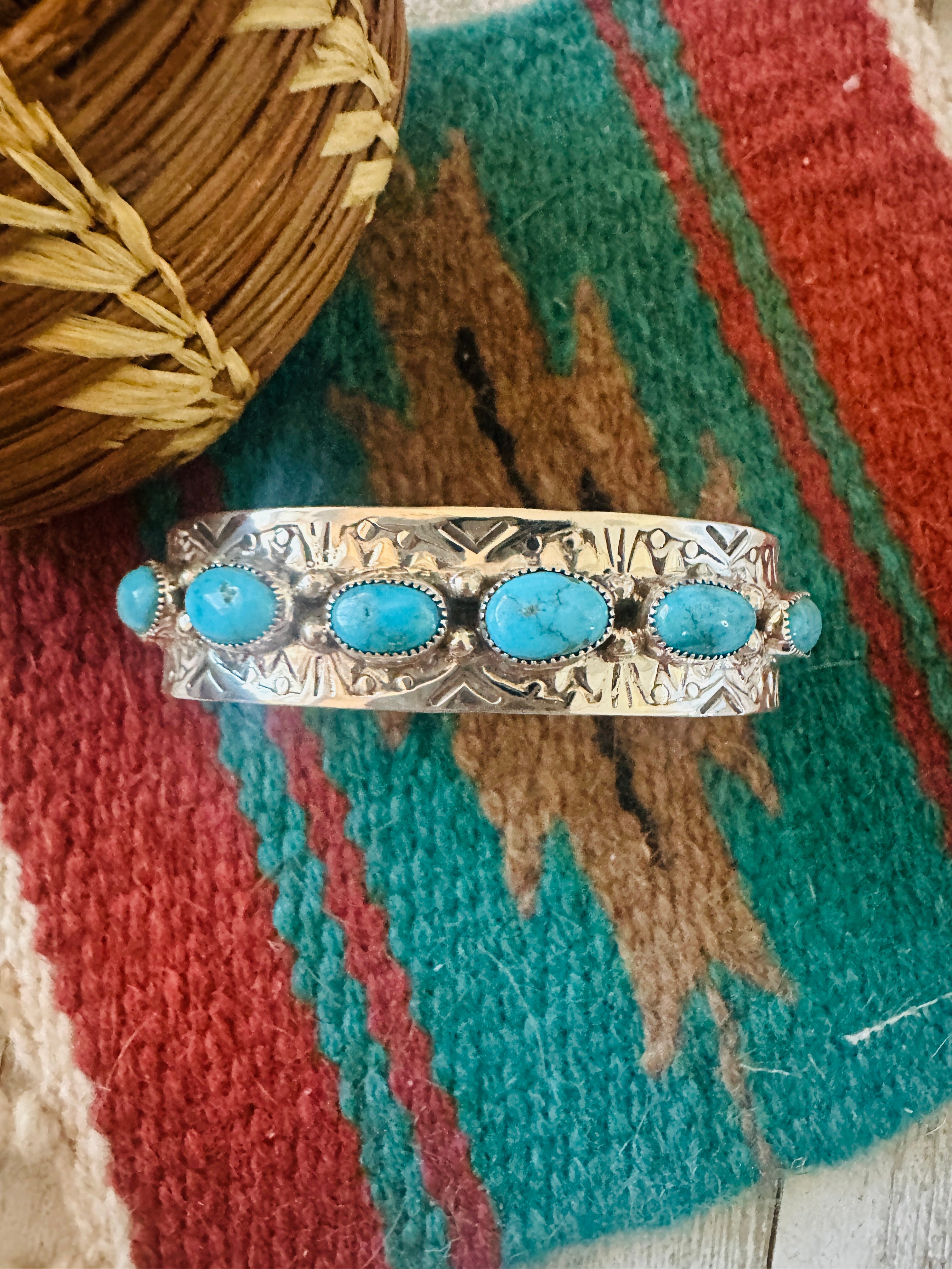 Navajo Hand Stamped Sterling Silver & Turquoise Cuff Bracelet by Benson Shorty