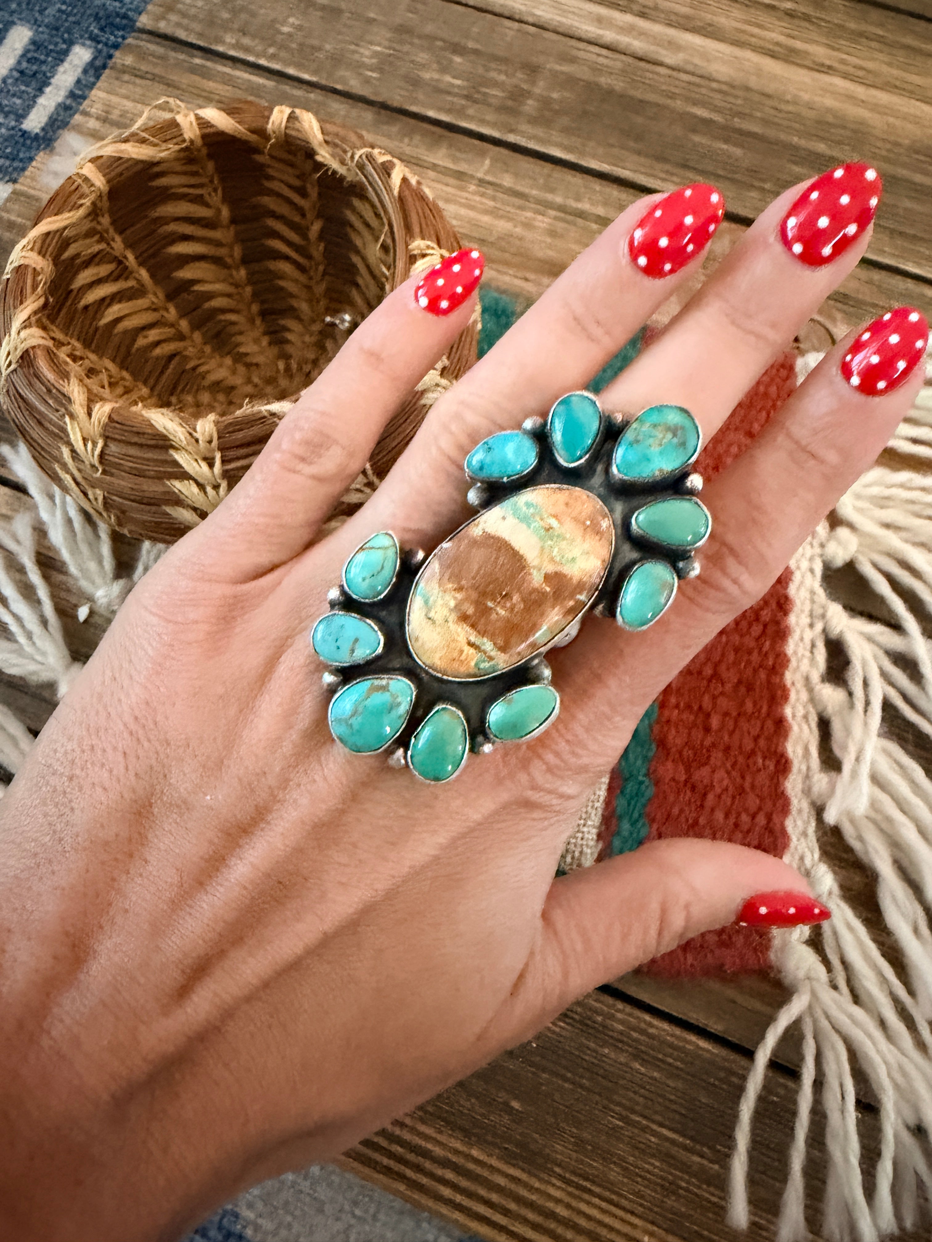 Handcrafted Multi Turquoise & Sterling Silver Ring Size 10.5 by Ella Peter