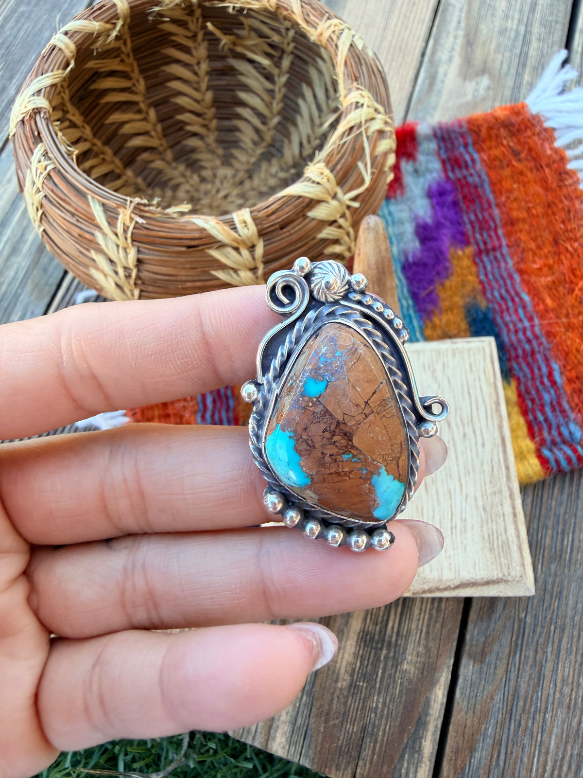 Handcrafted Royston Turquoise & Sterling Silver Ring 9 by Rosella Paxson