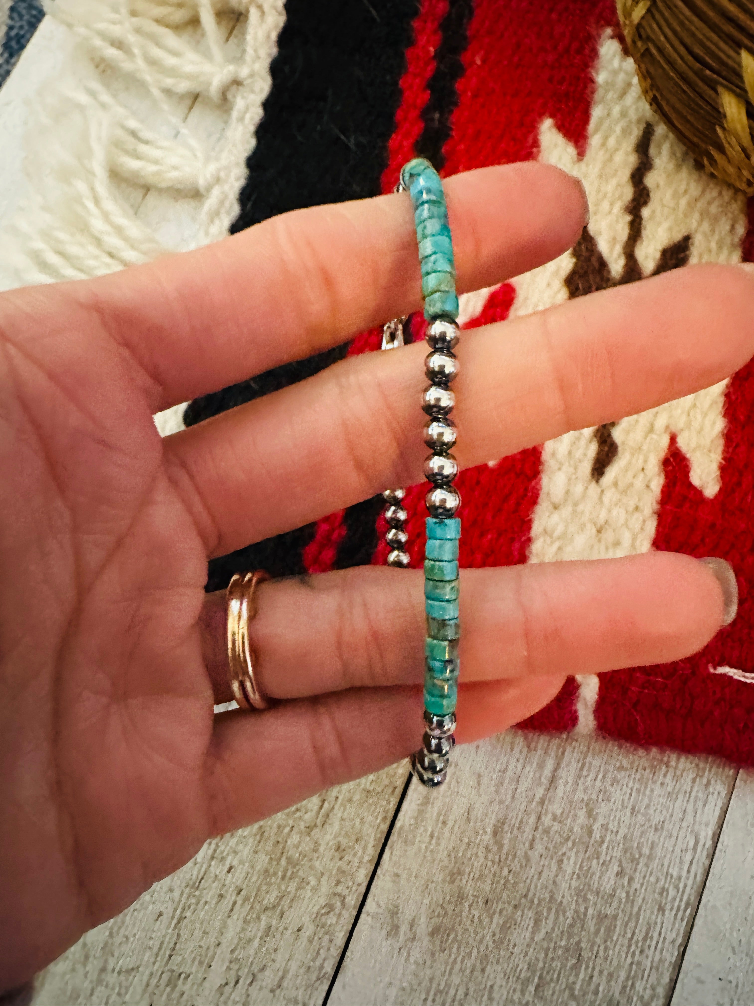 Navajo Turquoise & Sterling Silver Beaded Bracelet 7.5 inch