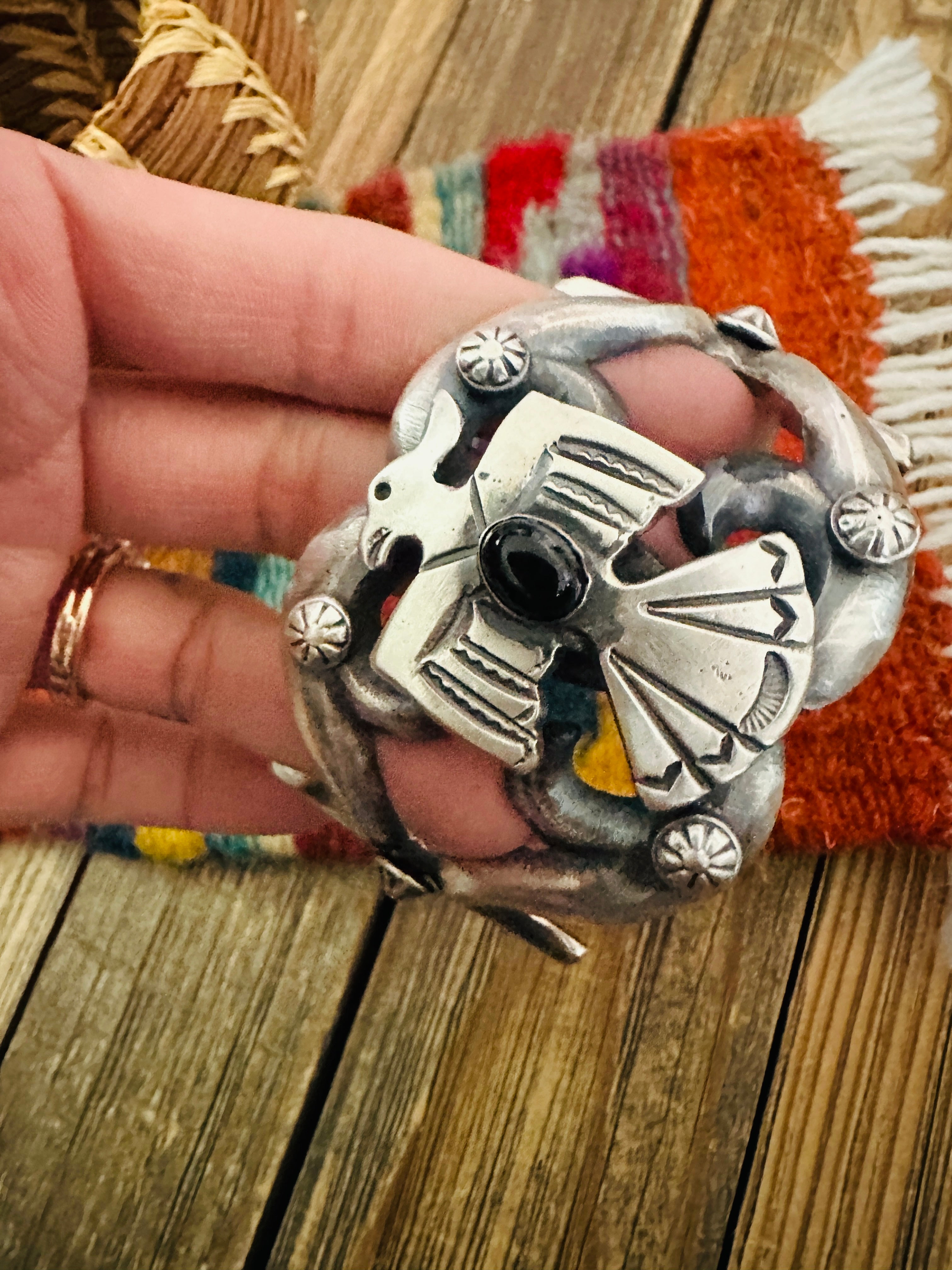 Handcrafted Sterling Silver & Onyx Oyster Thunderbird Cuff Bracelet by Chimney Butte