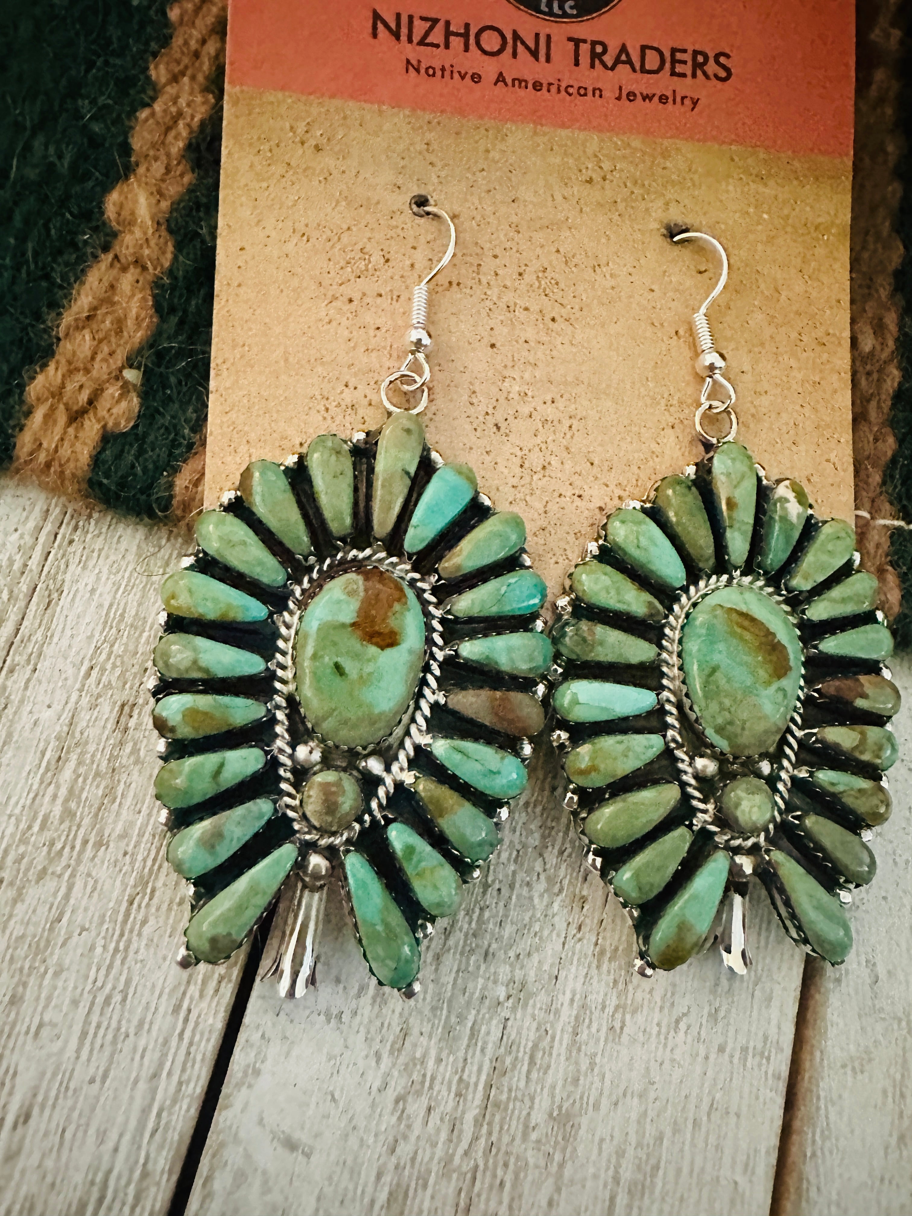 Navajo Royston Turquoise & Sterling Silver Cluster Blossom Dangle Earrings