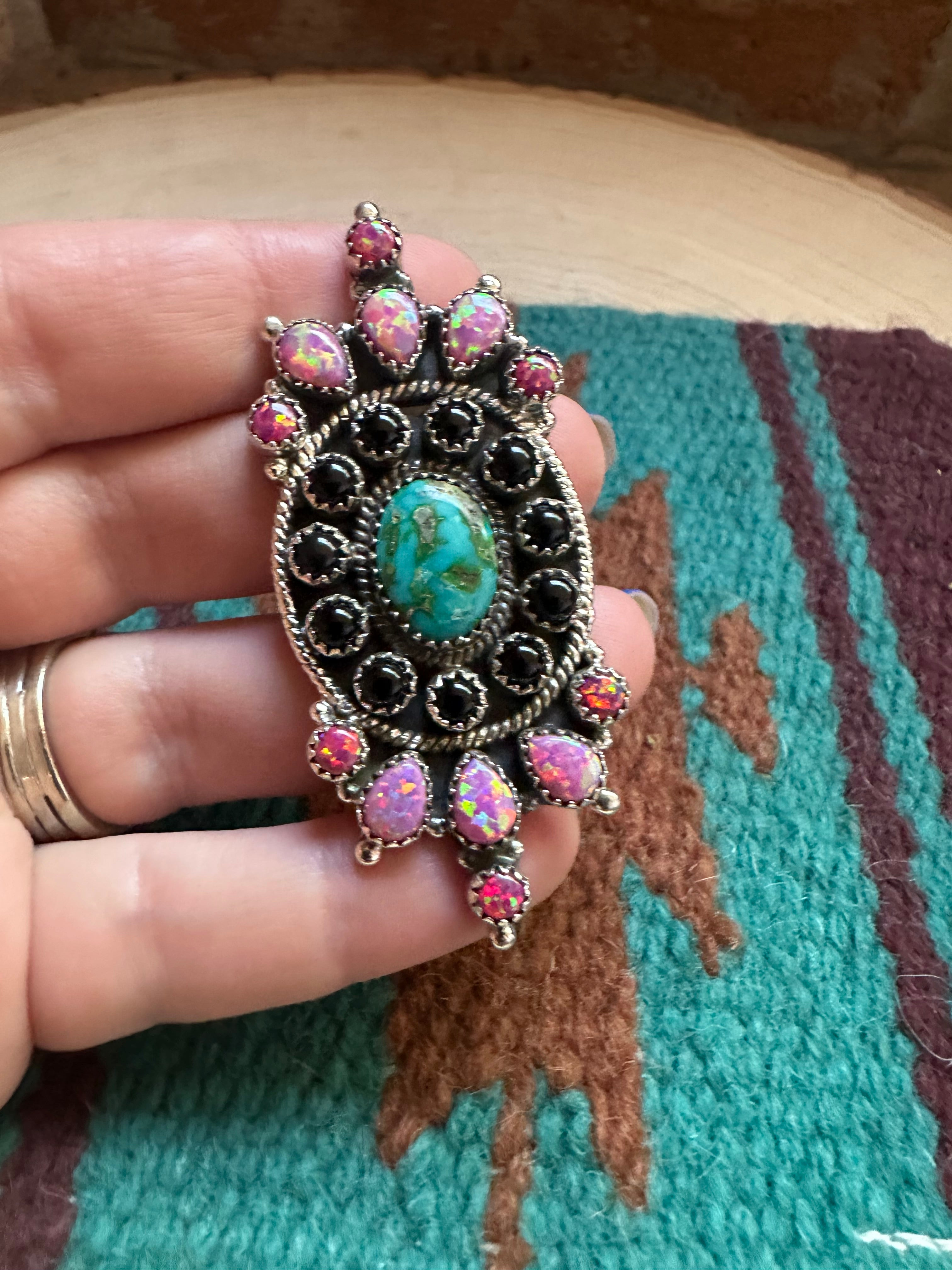 Handmade Sonoran Turquoise, Onyx, Fire Opal & Sterling Silver Adjustable Ring Signed Nizhoni