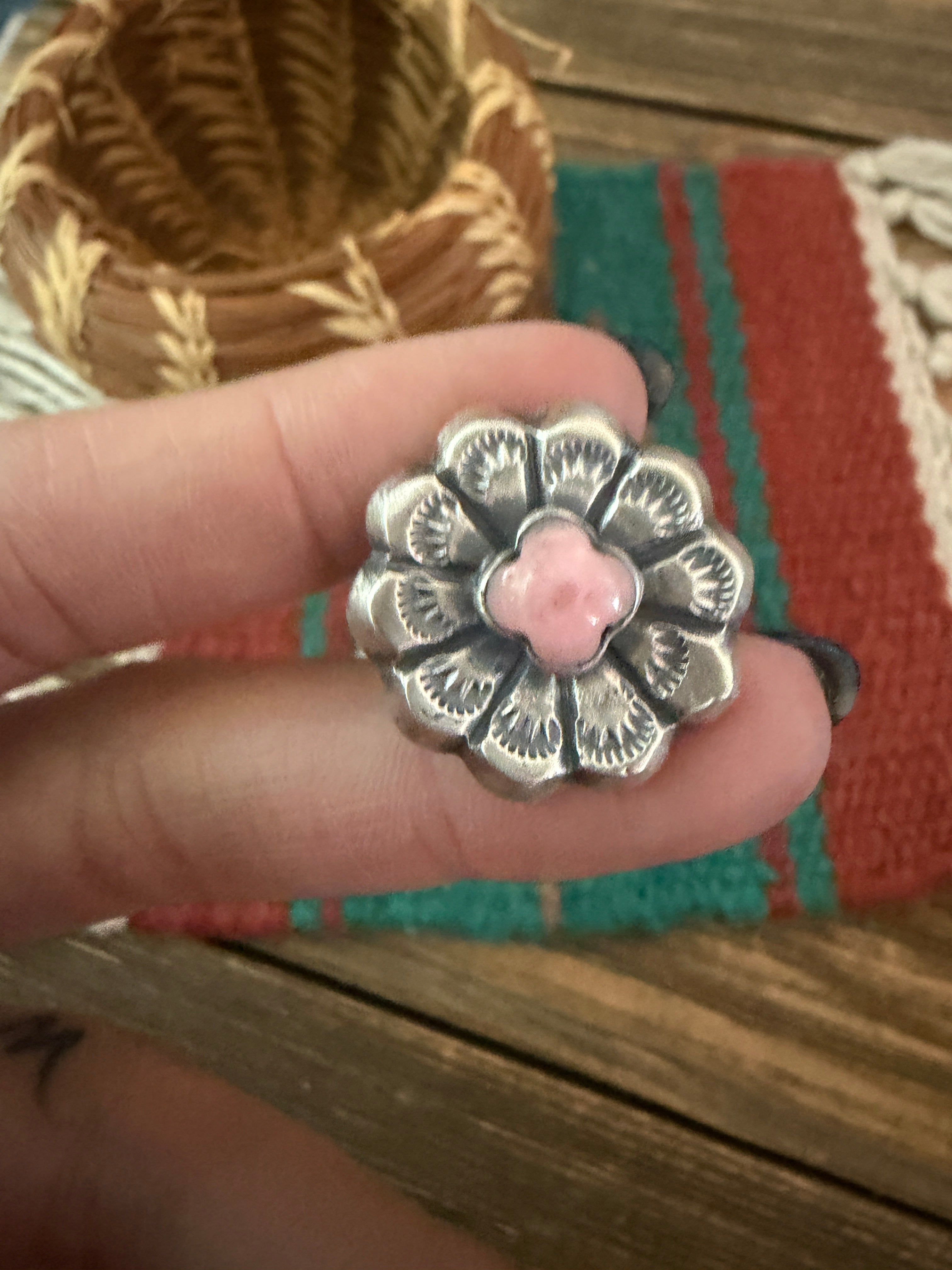 Handcrafted Queen Pink Conch and Sterling Silver Flower Ring size 6.75 by Chimney Butte