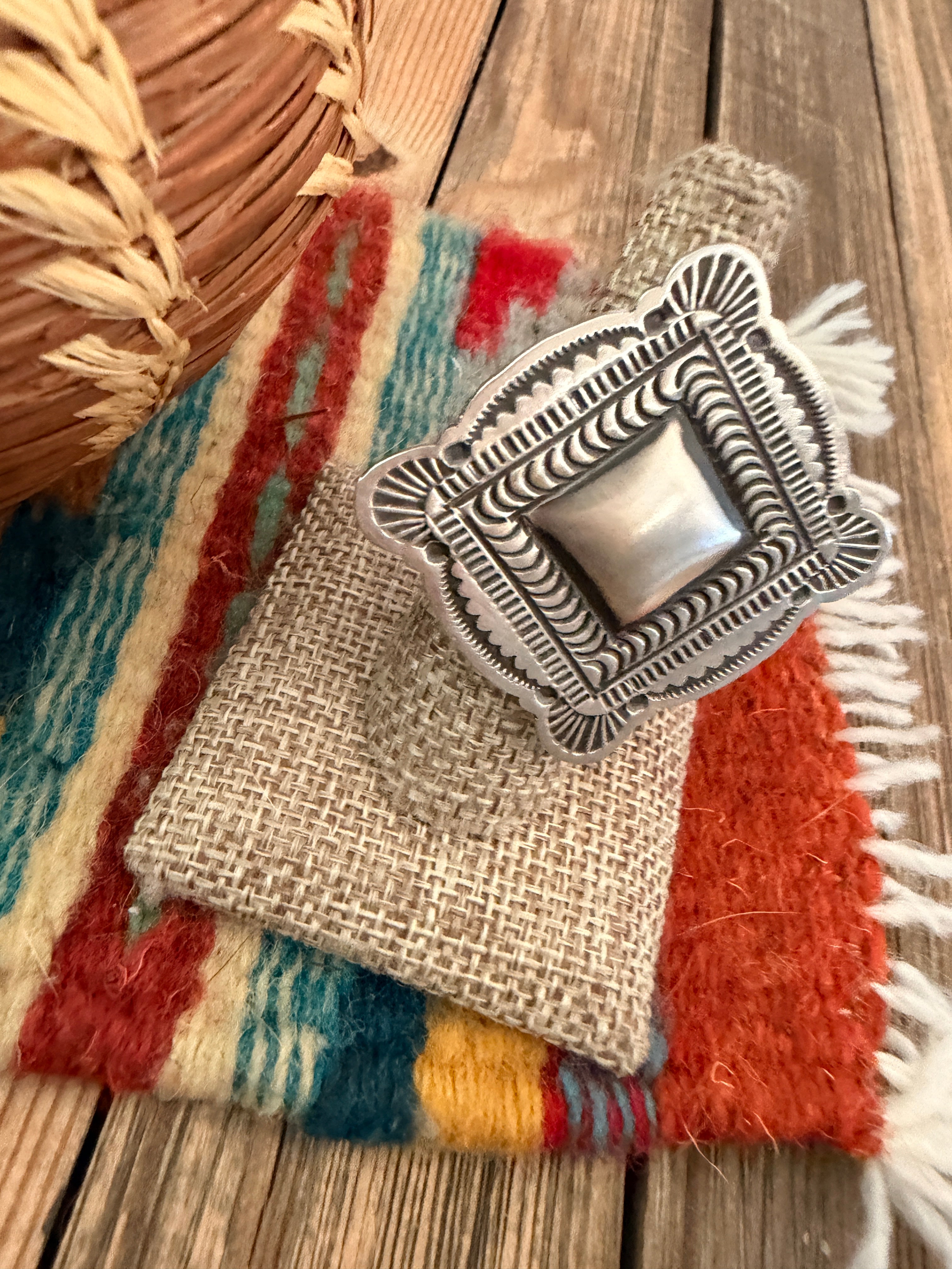 Handcrafted Sterling Silver Adjustable Concho Ring by Leander Tahe