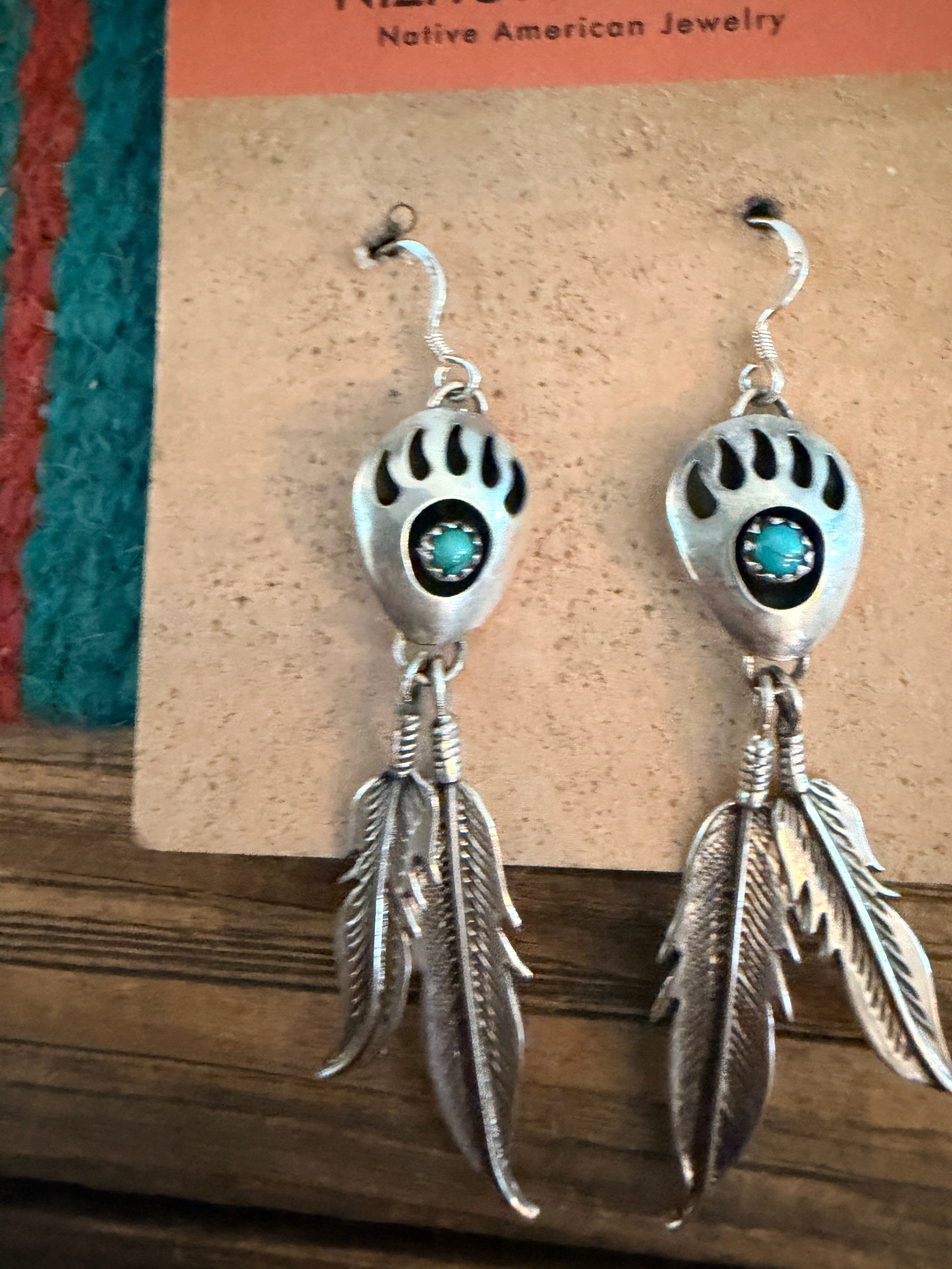 Handcrafted Turquoise & Sterling Silver Bear Paw Feather Dangle Earrings