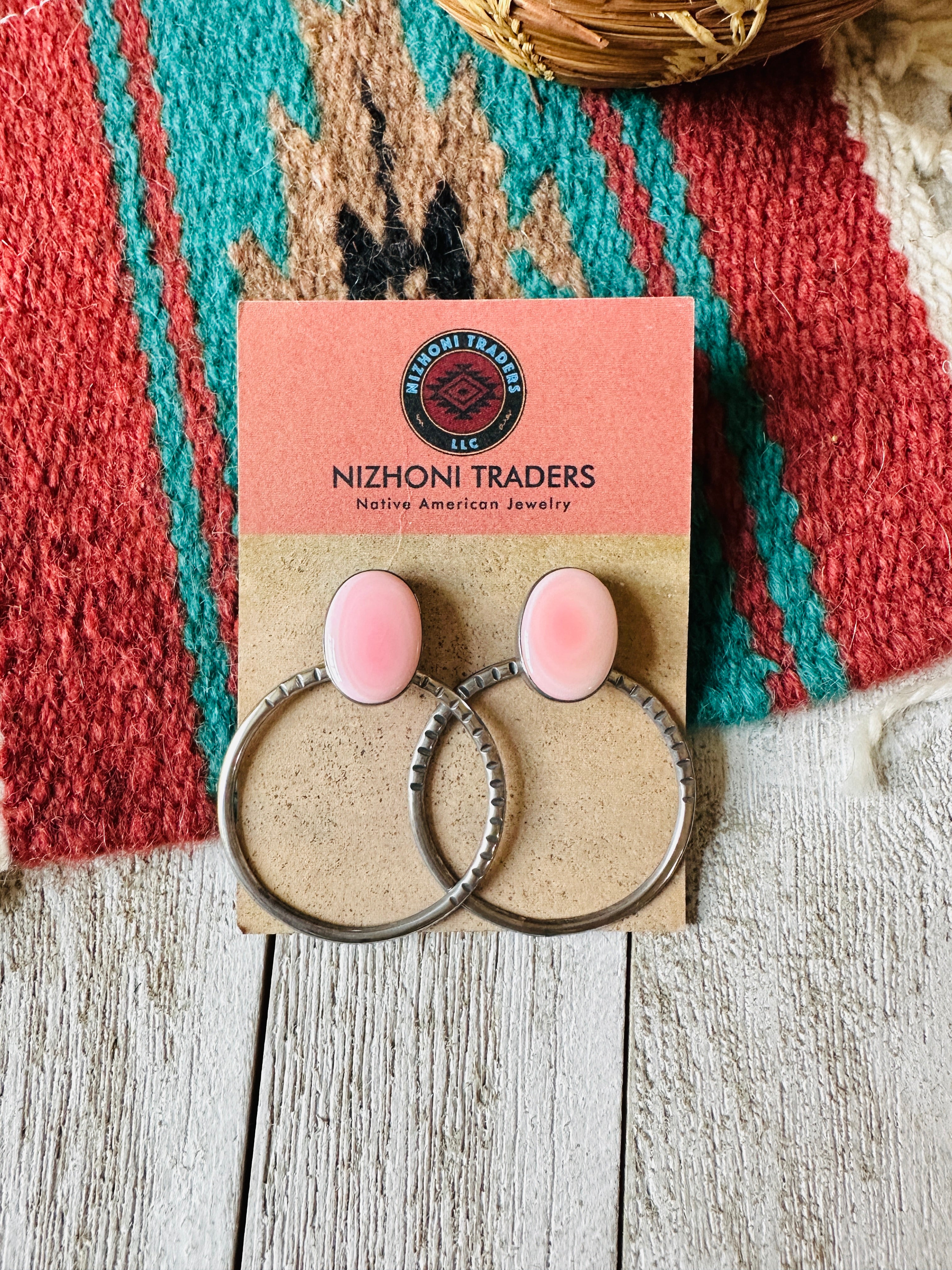 Navajo Queen Pink Conch & Sterling Silver Hoop Earrings