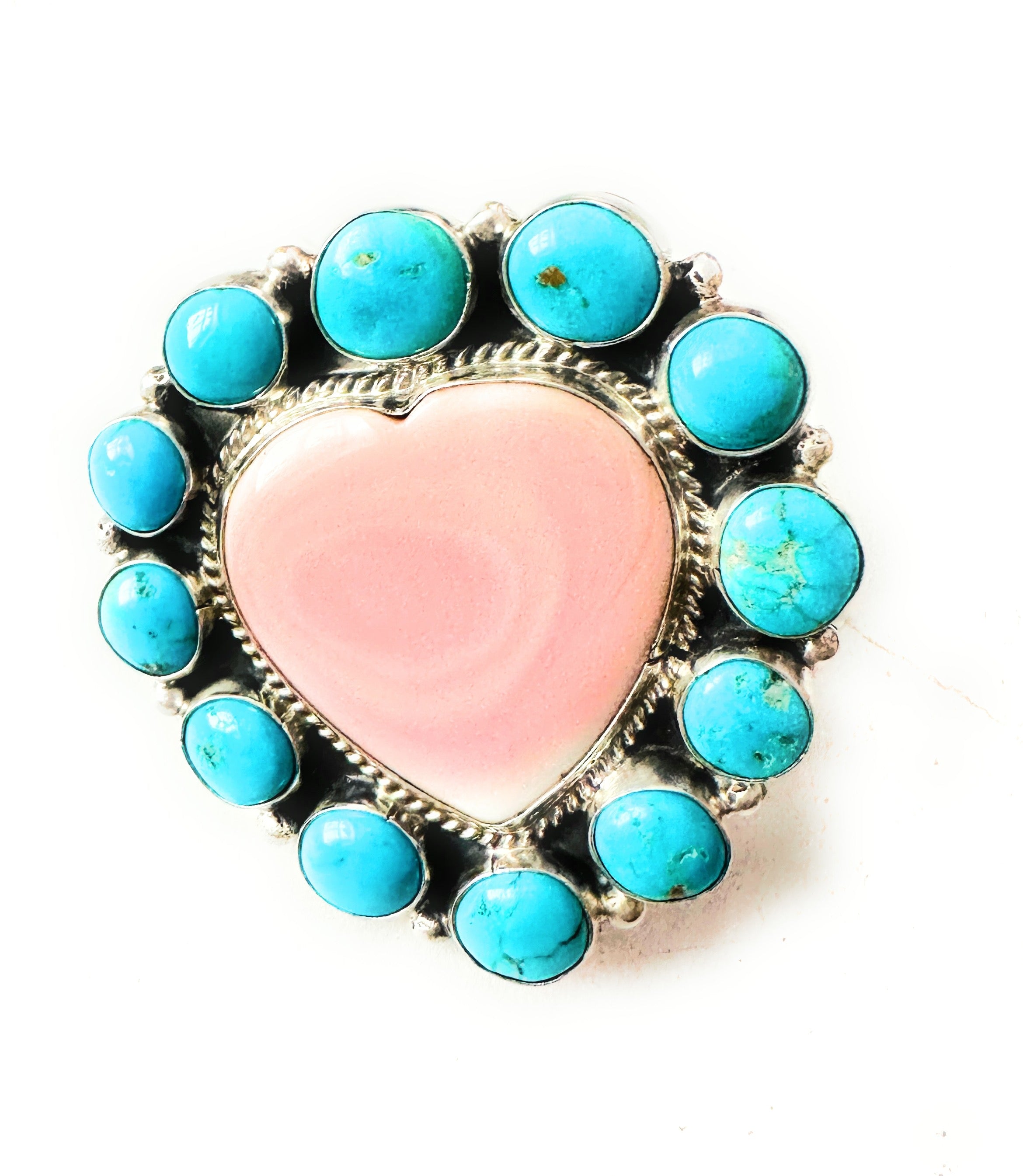 Navajo Sterling Silver, Queen Pink Conch & Turquoise Heart Adjustable Ring