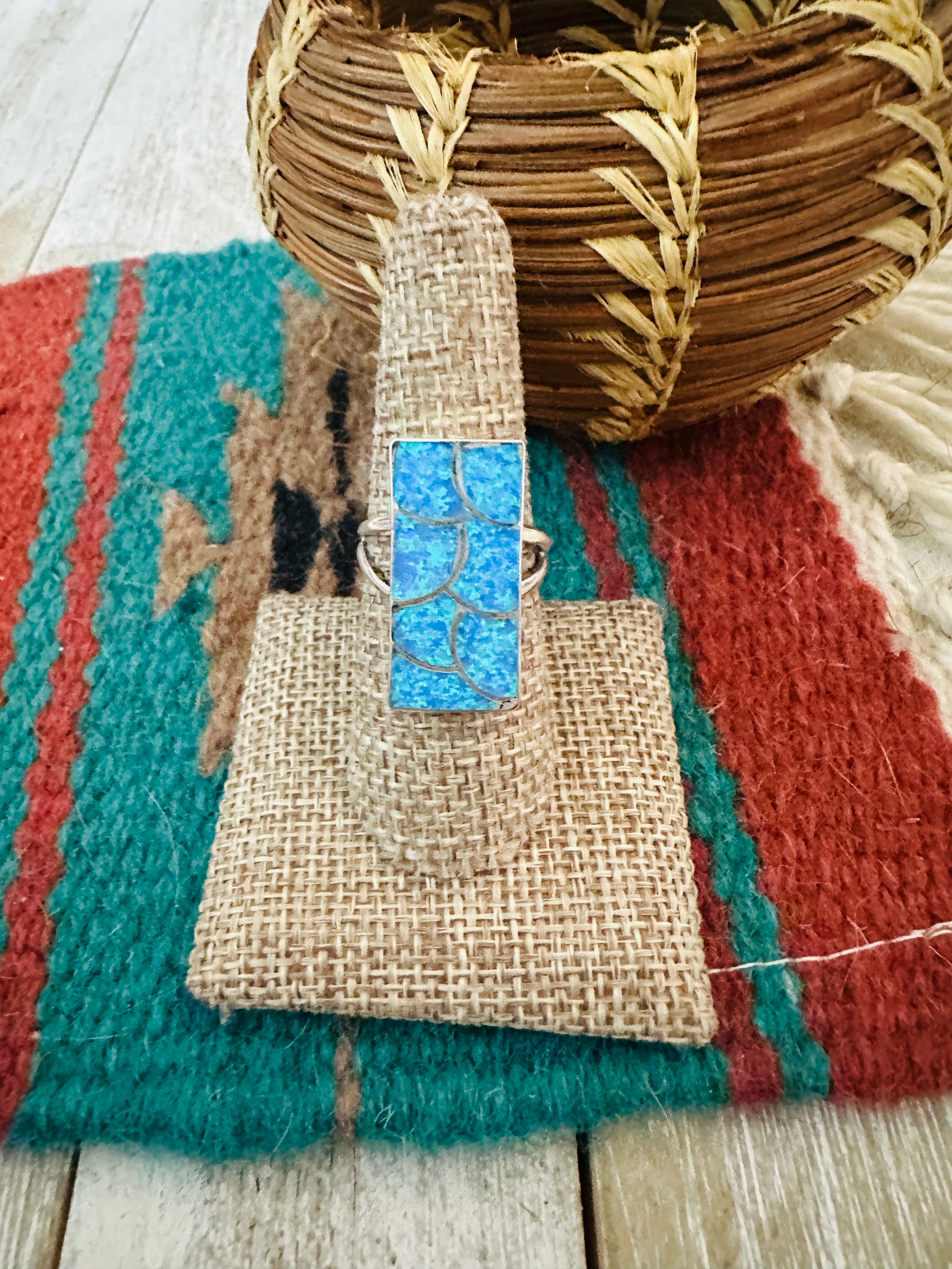 Handcrafted Sterling Silver & Blue Opal Inlay Ring Size 8