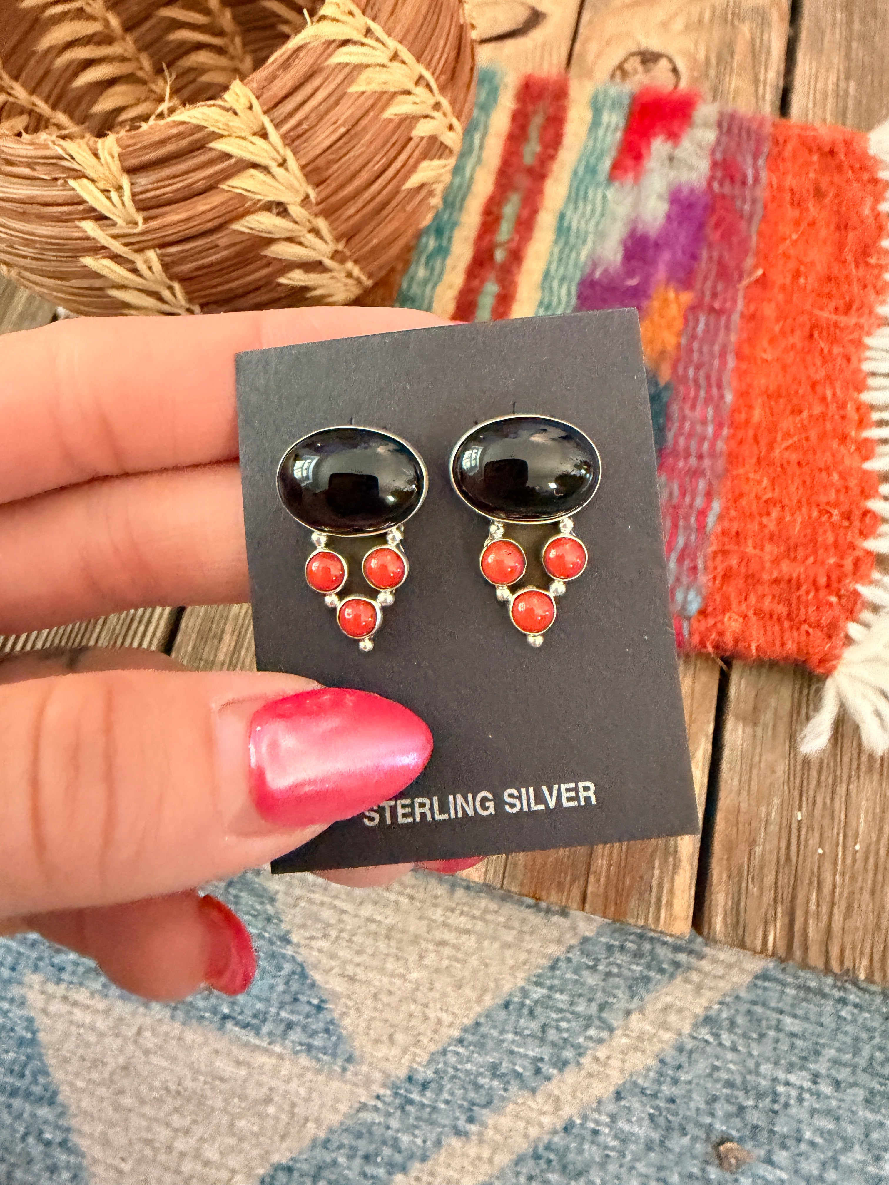 Handcrafted Onyx, Coral & Sterling Silver Post Earrings