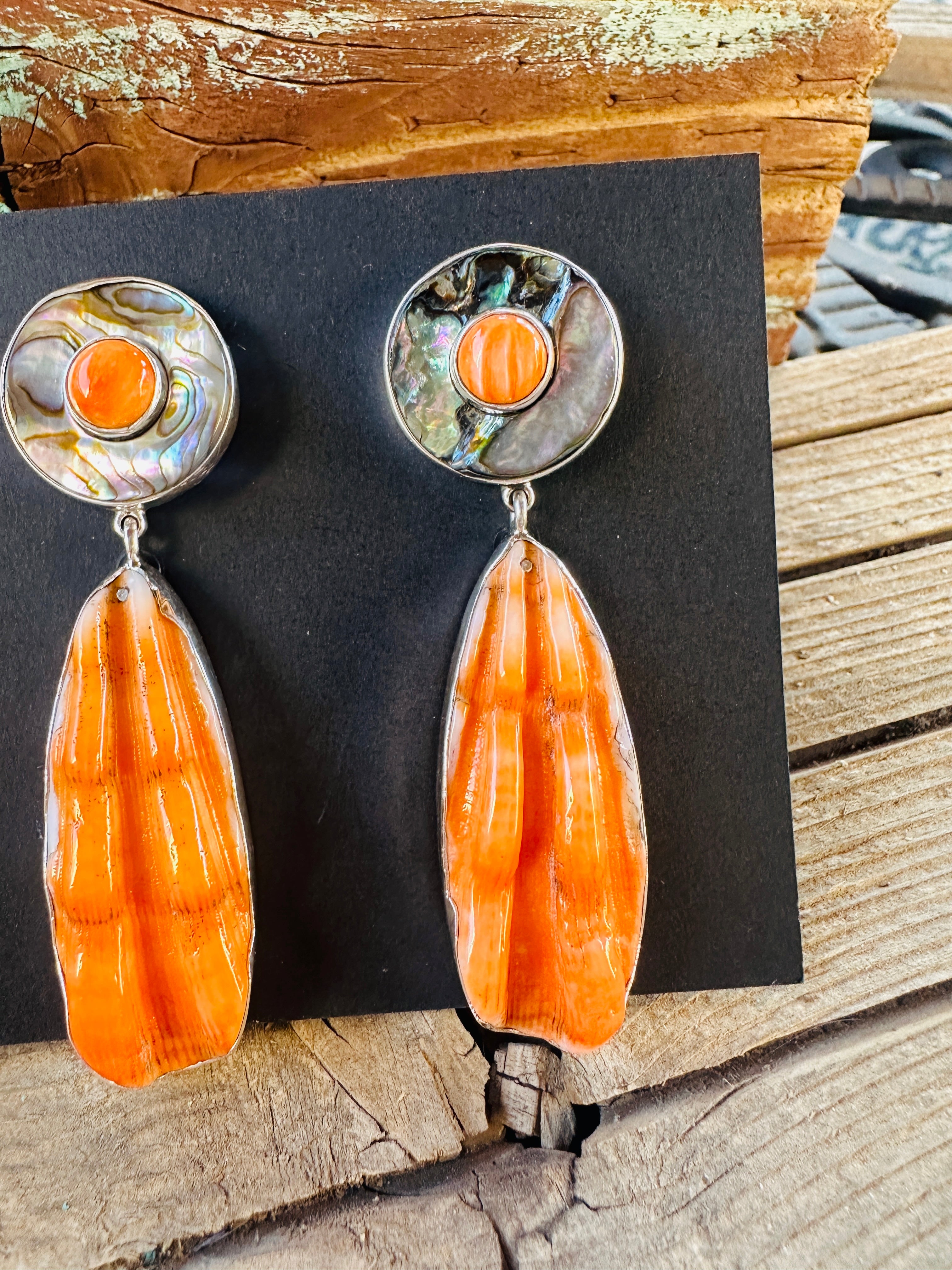 Handcrafted Spiny Oyster, Abalone & Sterling Silver Dangle Earrings by Federico Jimenez