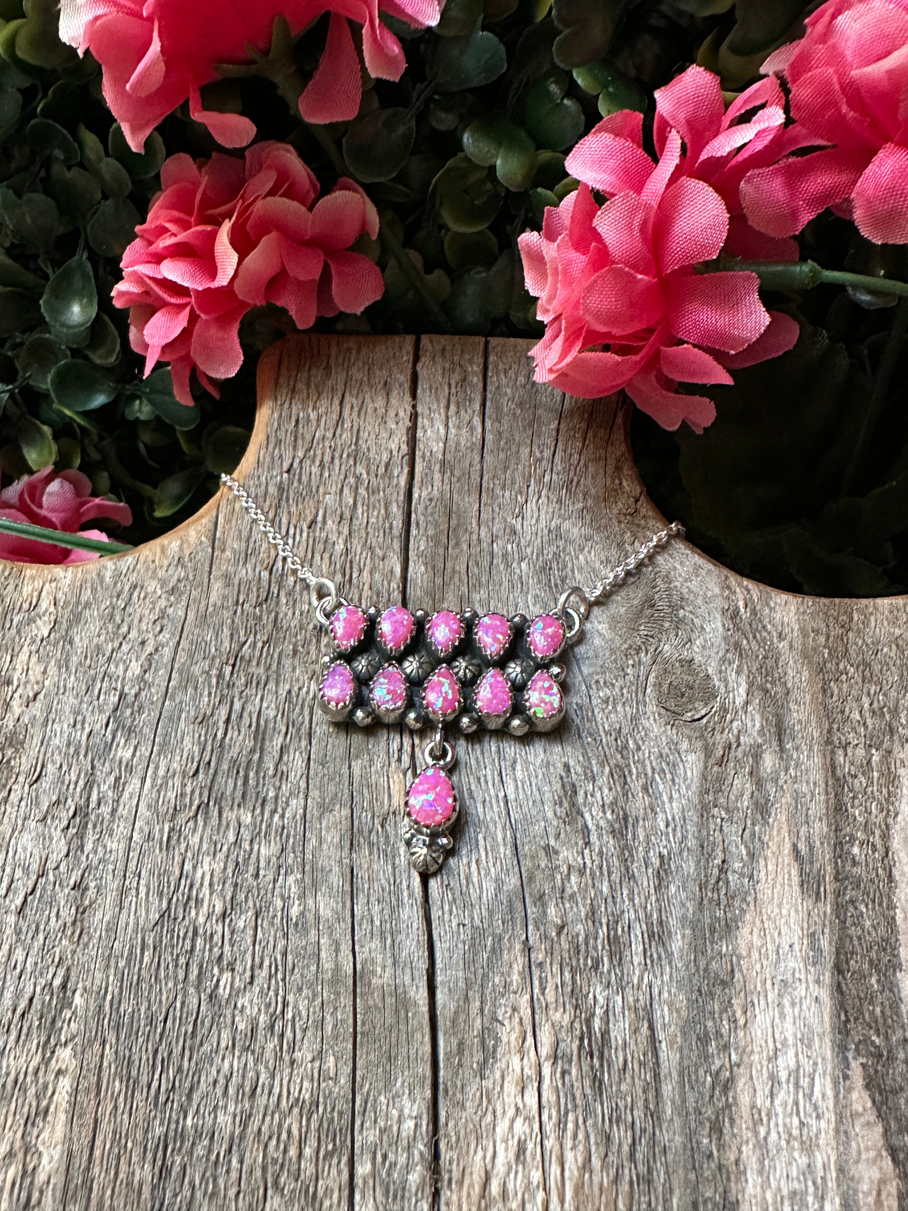 Handmade Sterling Silver & Fire Pink Opal Tear Drop Dangle, Bar Necklace
