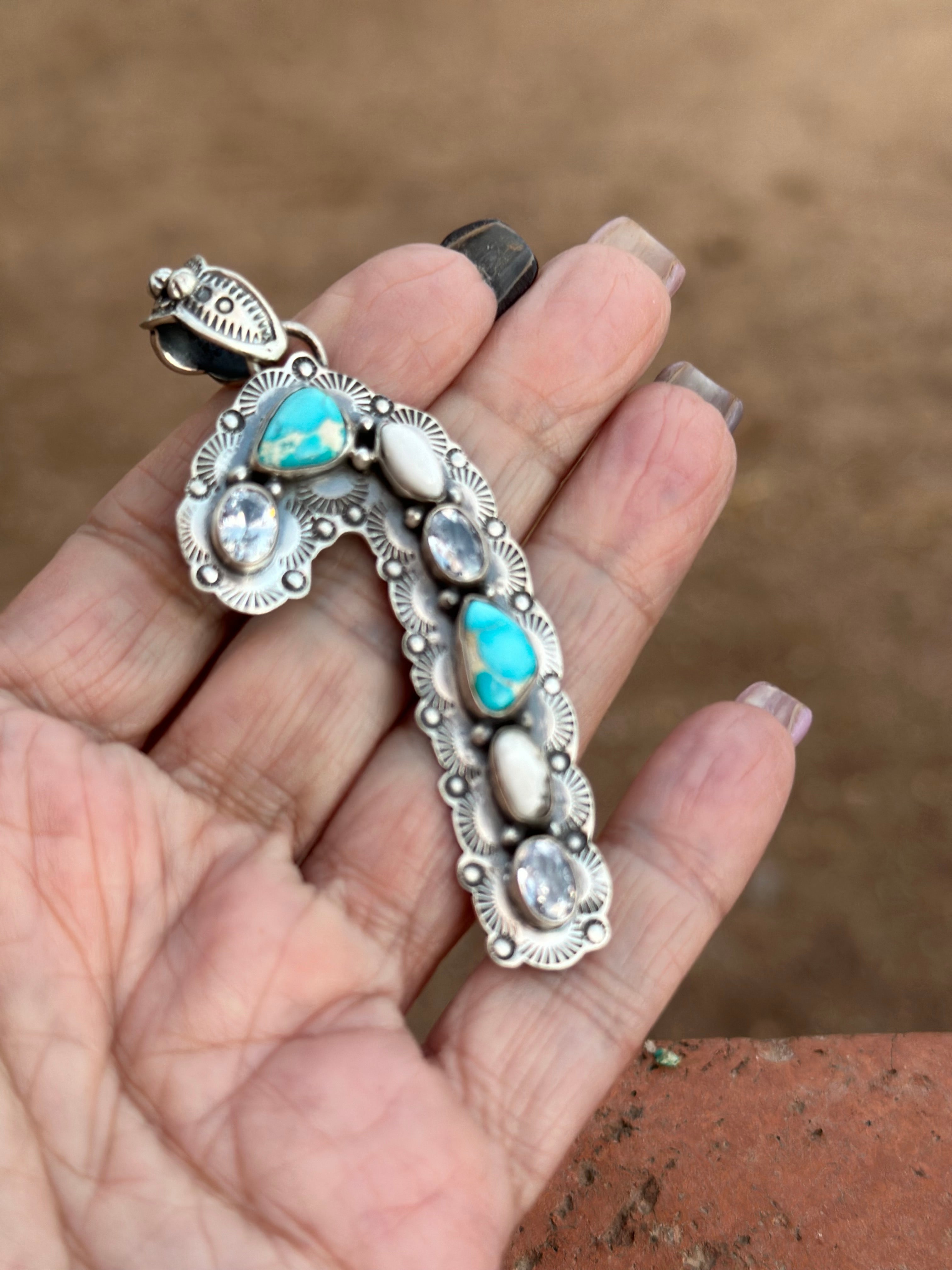 Handmade Sterling Silver White Buffalo & Golden Hills Turquoise Christmas Candy Cane Pendant